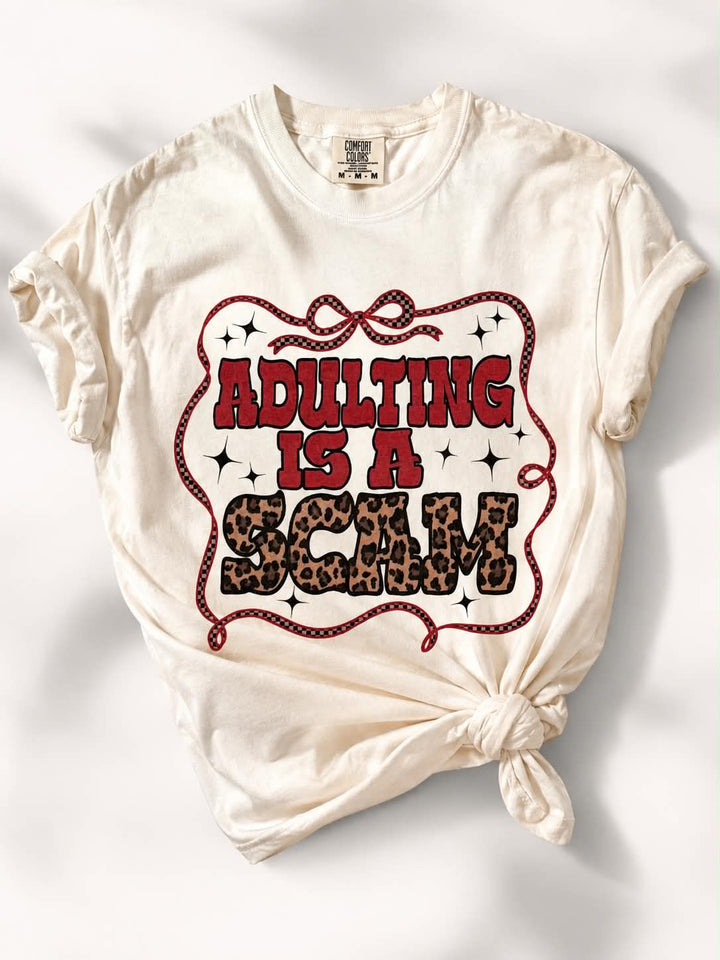 Plus/Reg Short Sleeve Cream "Adulting is a Scam" Graphic Tee