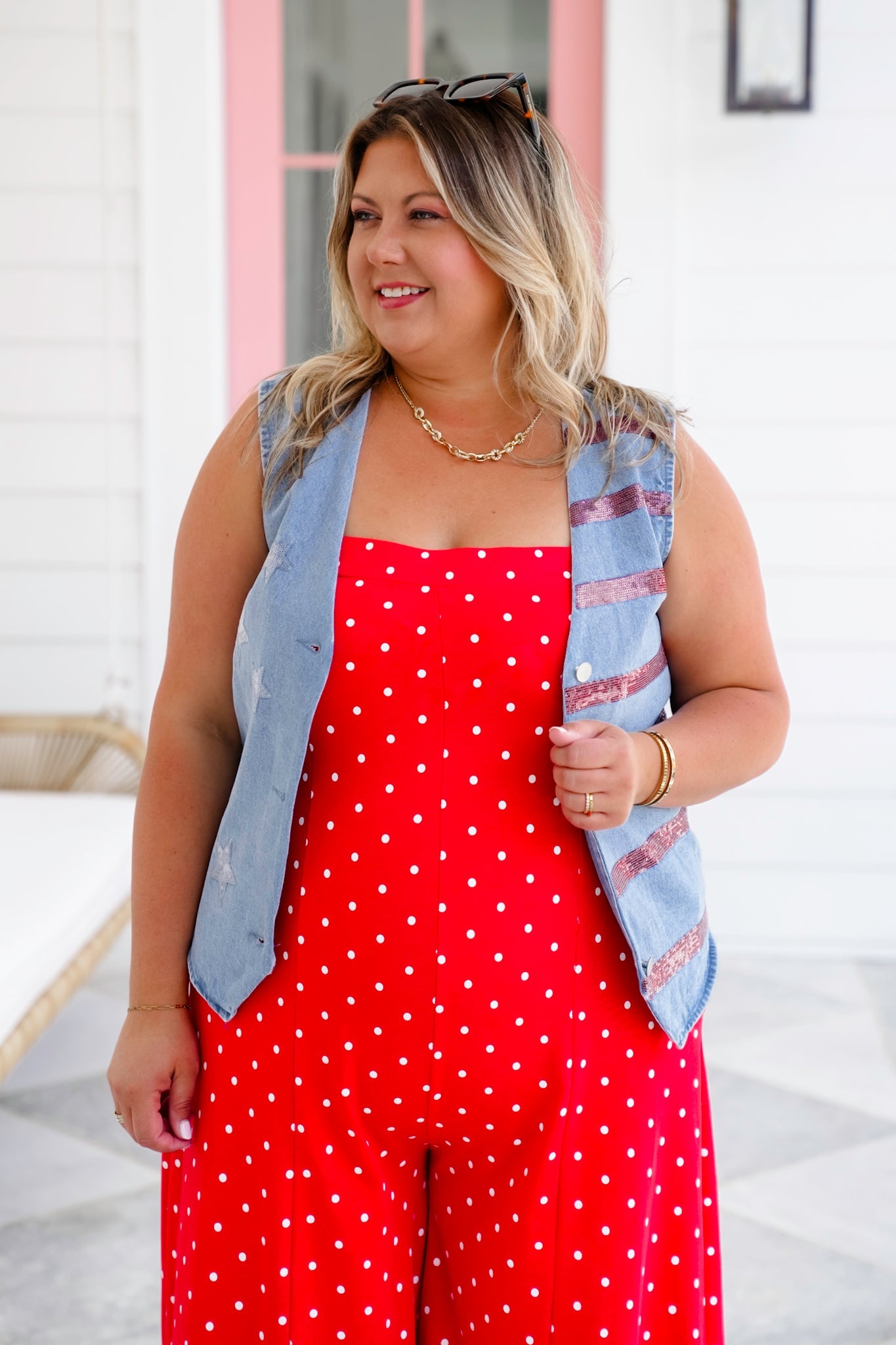 Denim Sleeveless Button Up Vest with Stars & Stripe Sequin Detail