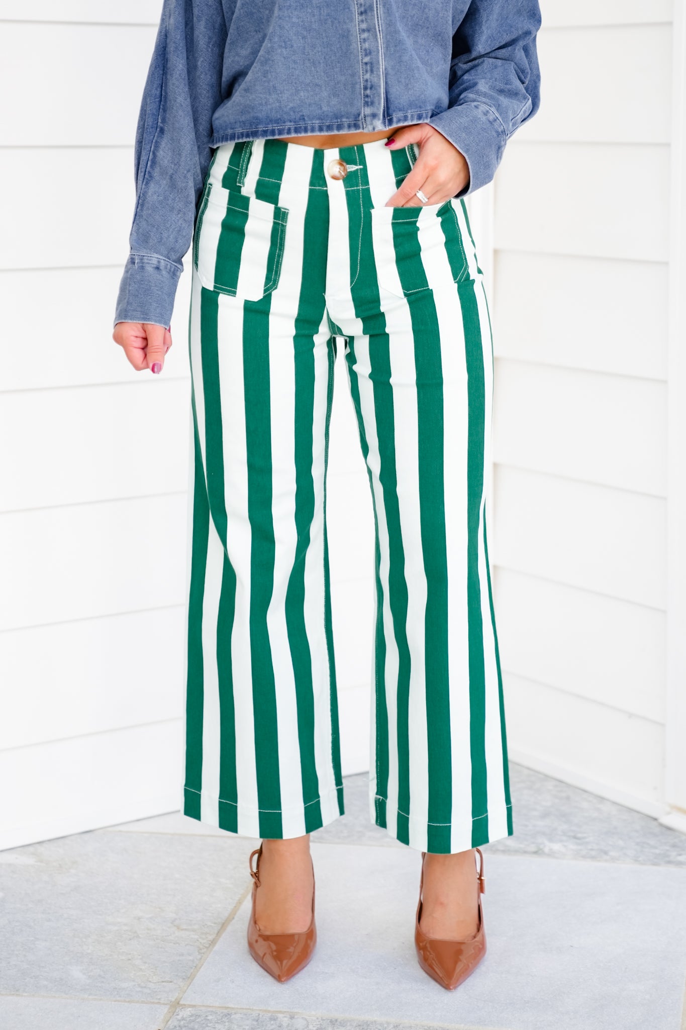 Mica High Rise Green and White Striped Cropped Wide Leg Jeans