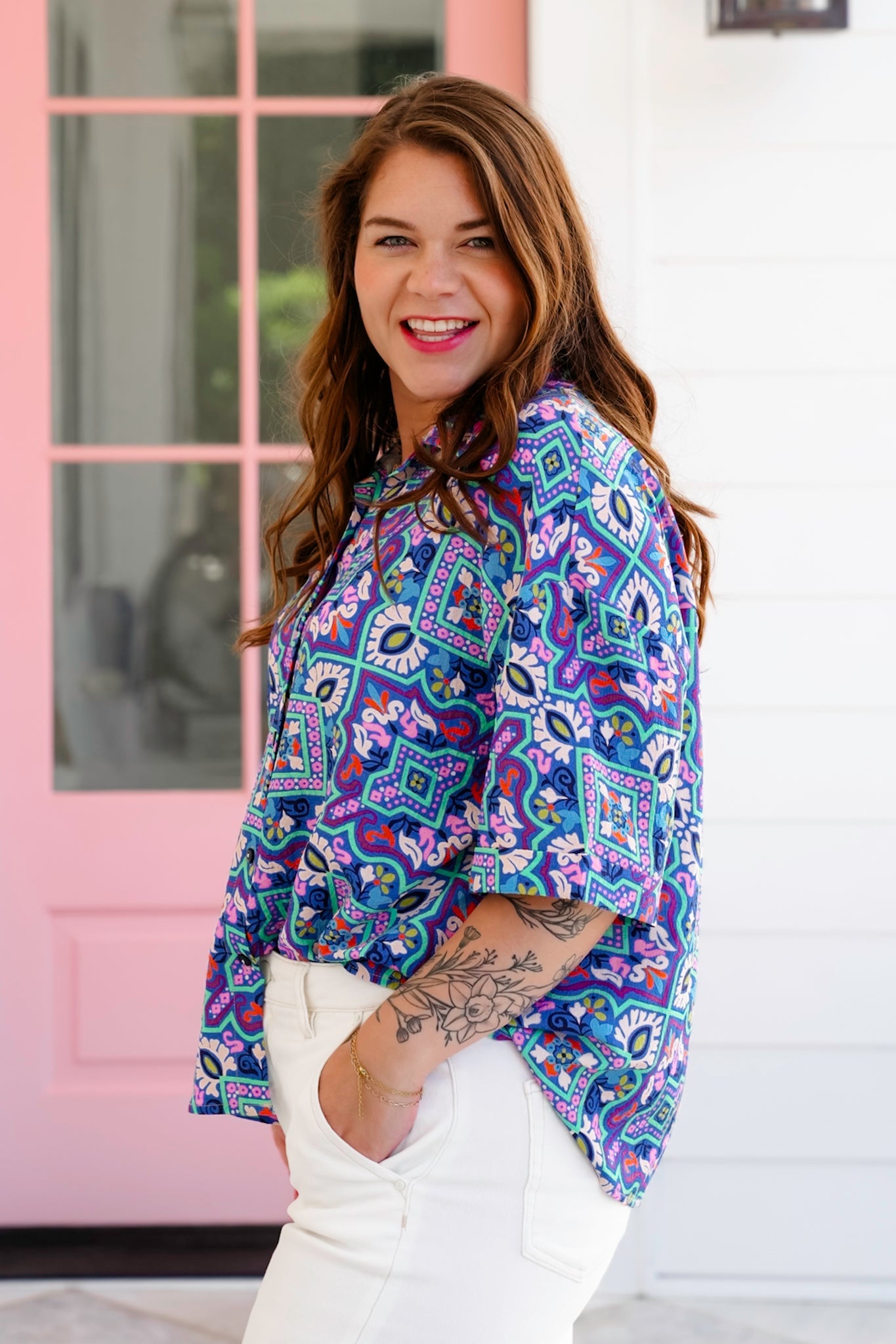 Abstract Floral 3/4 Dolman Sleeve Button Down Blouse
