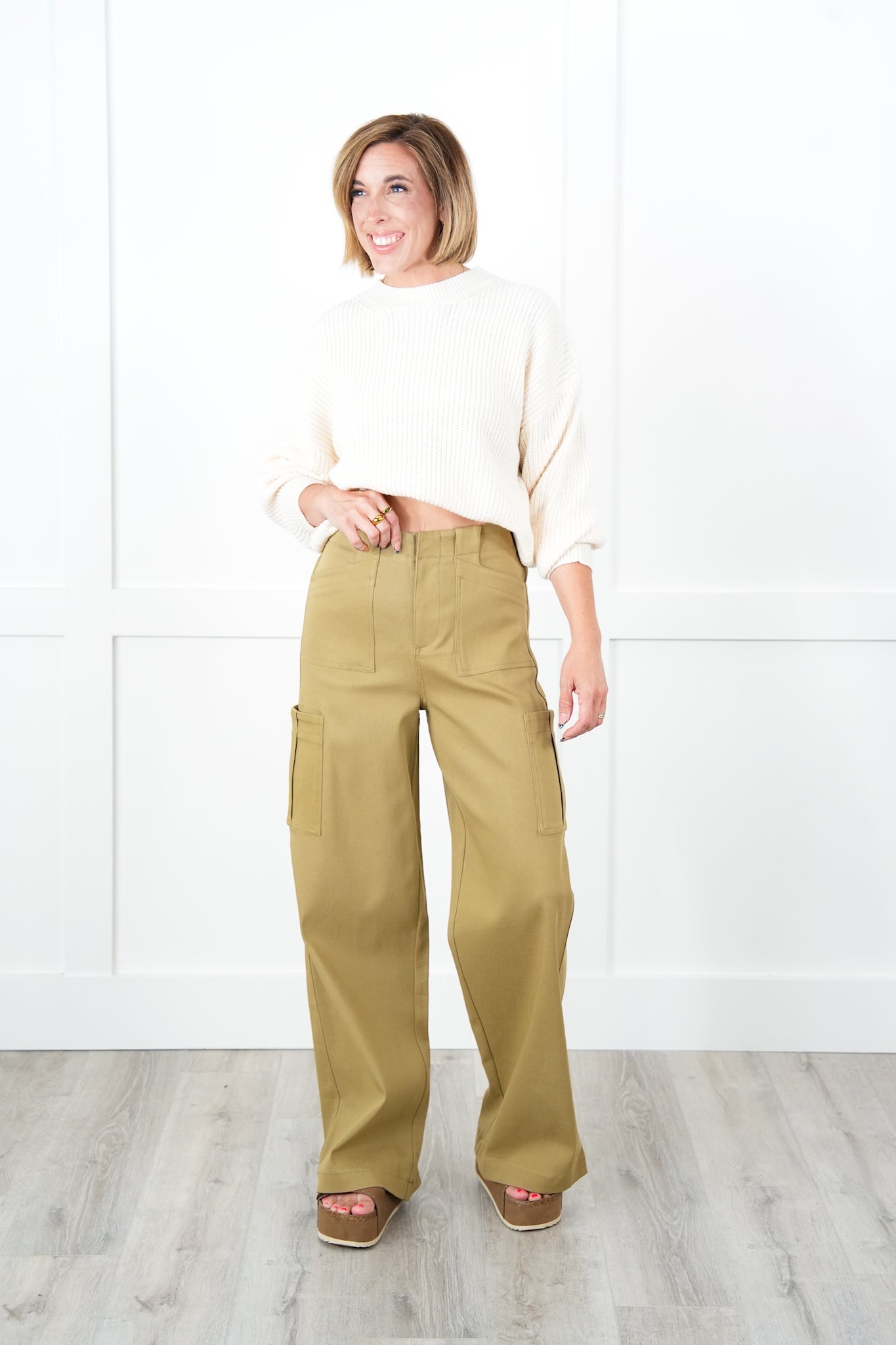 Solid High Waisted Cargo Pants with Pockets