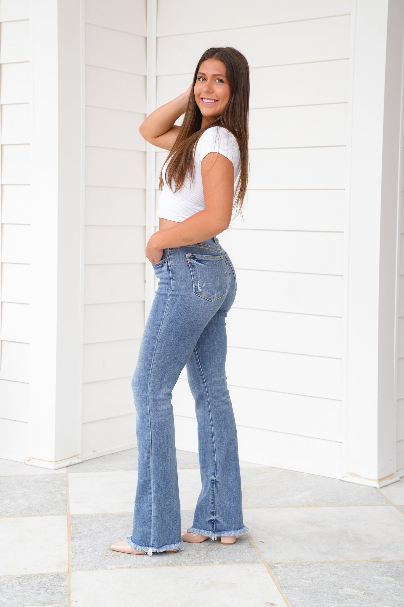 Judy Blue Sunday Stroll High Rise Medium Wash Fray Hem Bootcut Jeans
