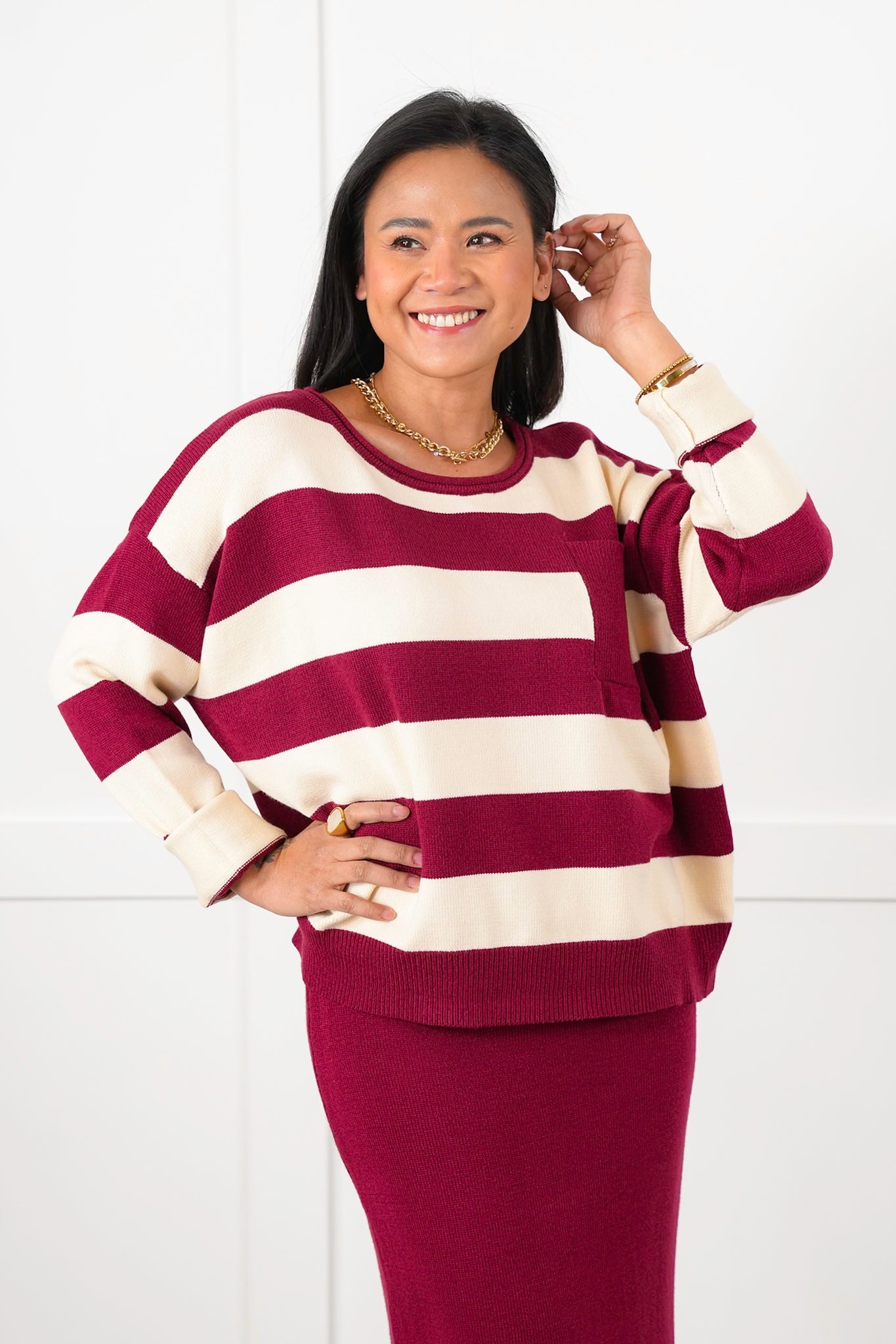 Stripe Long Sleeve Sweater and Pencil Skirt Set