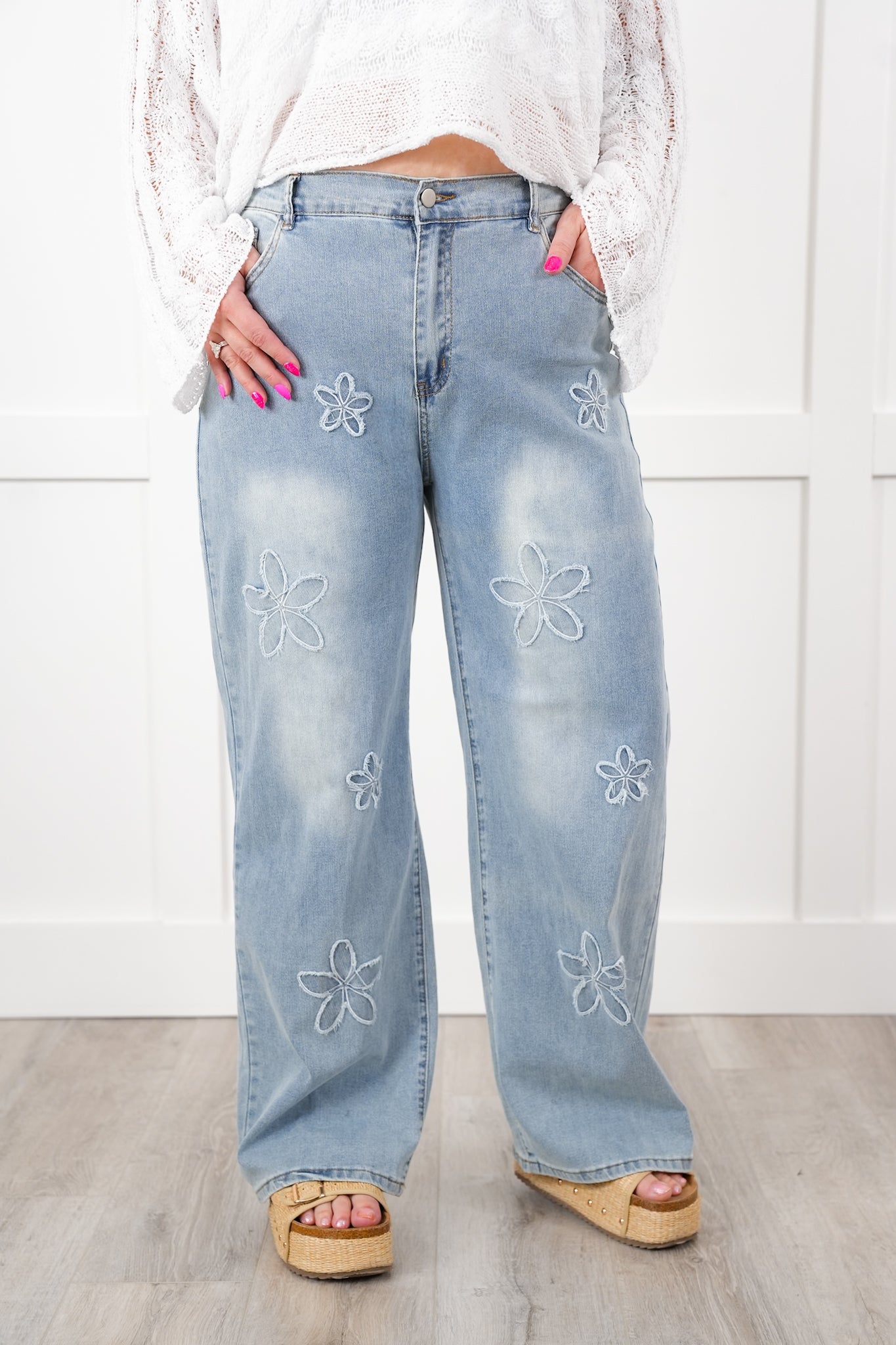 Flower Patch Denim Pants with Elastic Back Detail