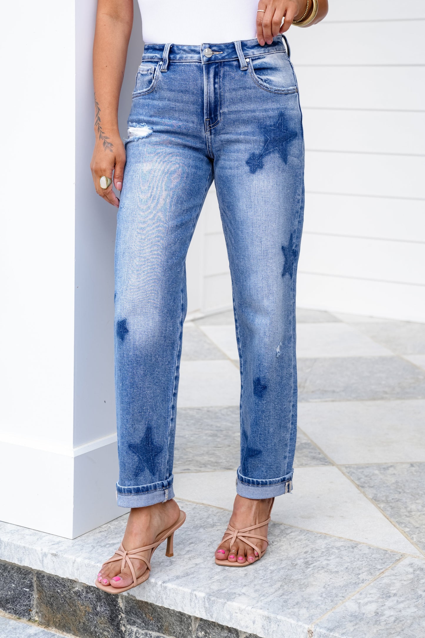 Risen High Rise Medium Wash Star Shade Boyfriend Jeans