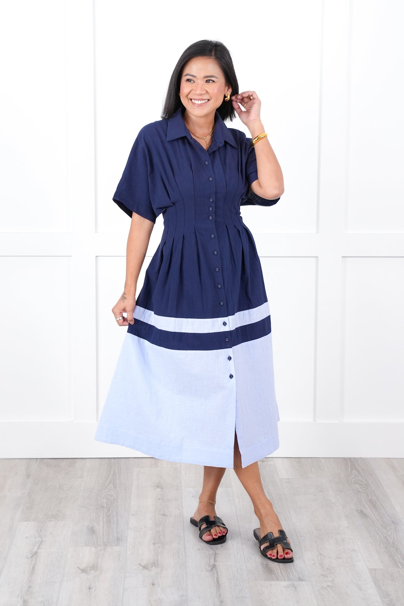Color Block Short Sleeve Button Down Midi Dress