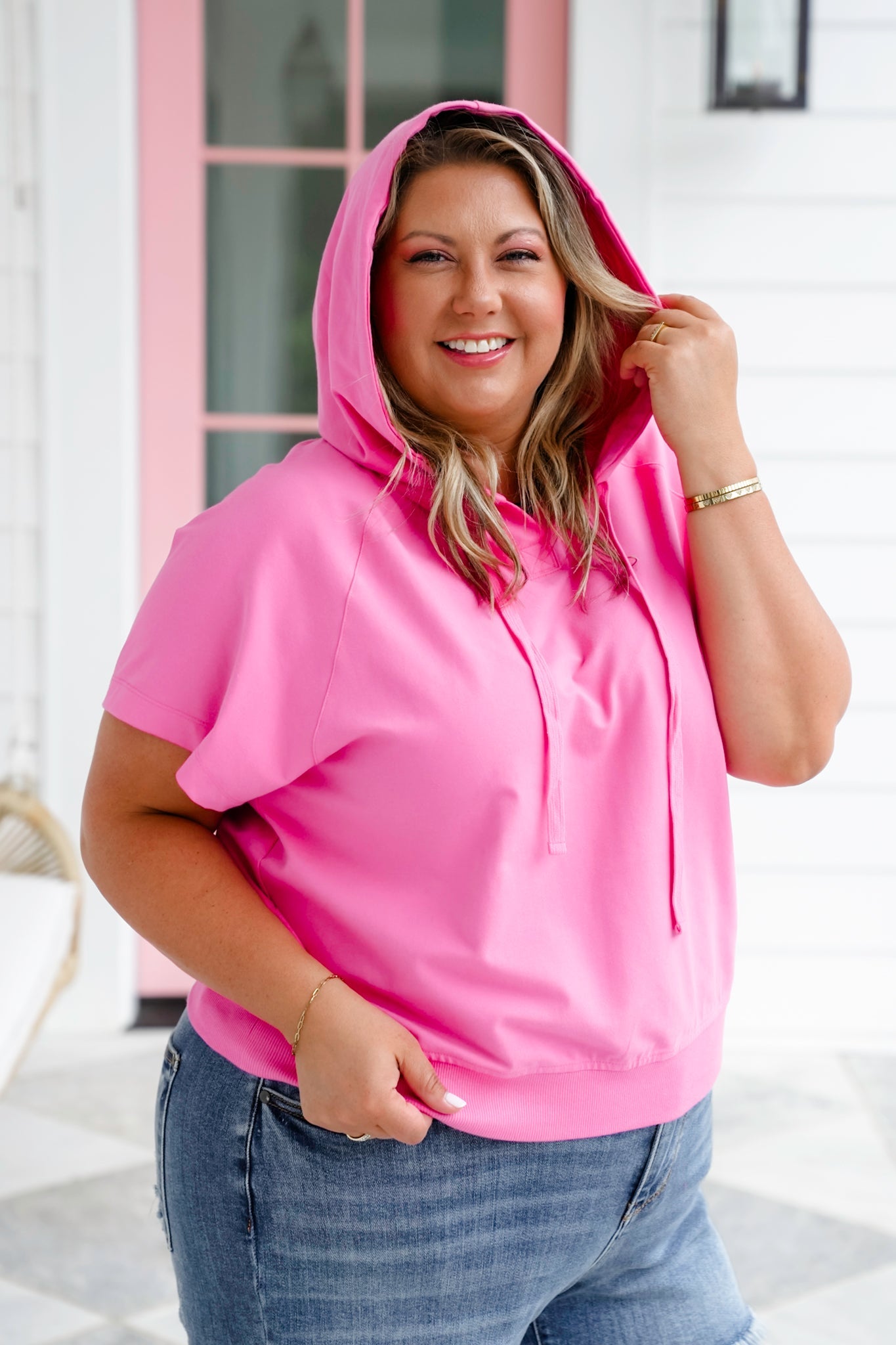 Plus/Reg Cotton Blend Short Sleeve Hoodie Top