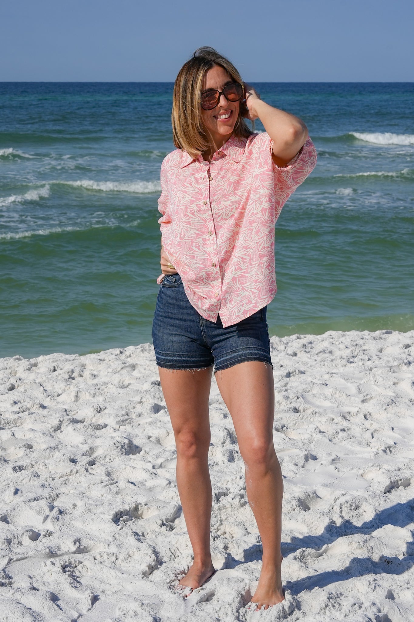 Tropical Print Short Doman Sleeve Button Down Top with Back Cut Out Detail