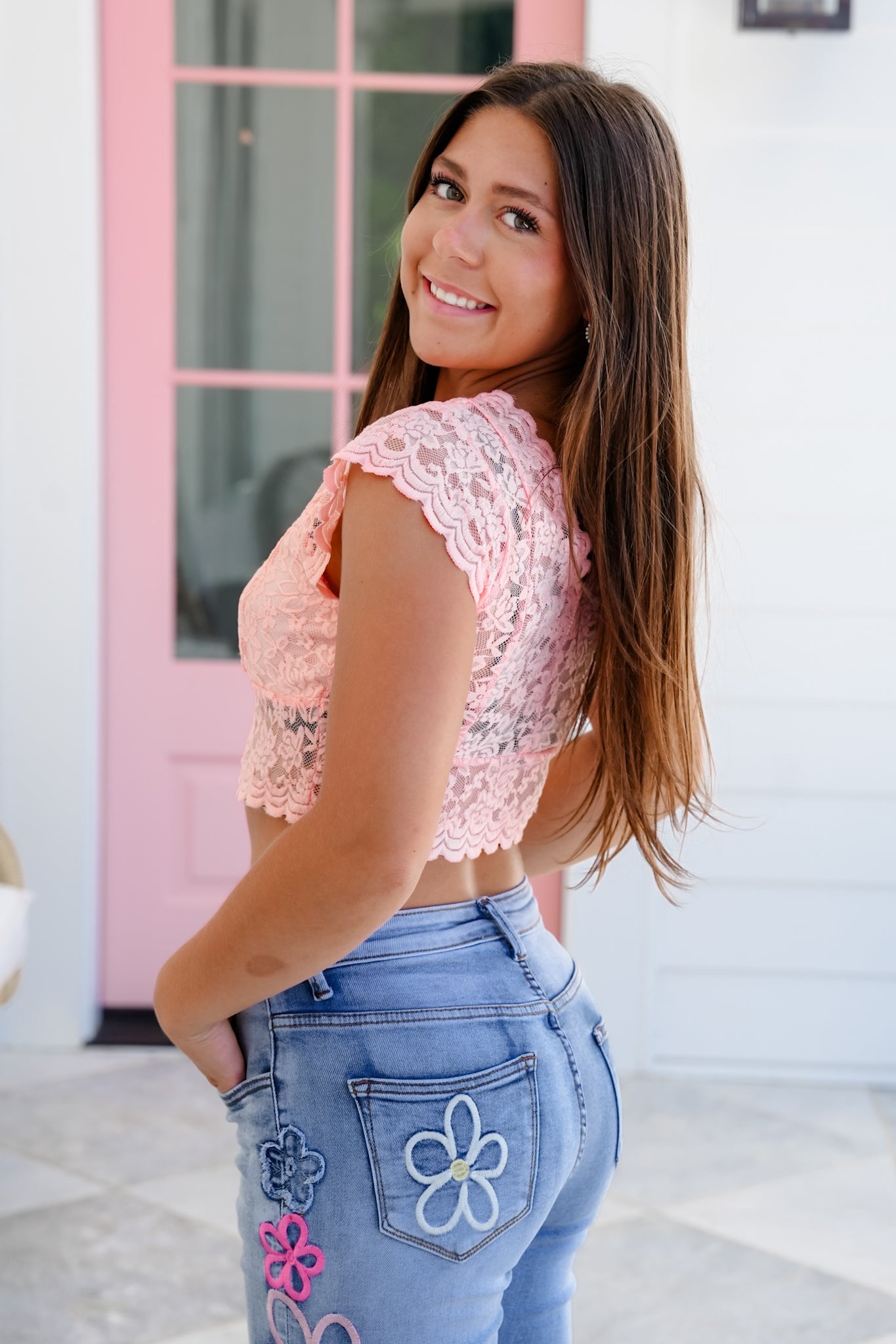 POL Lace Short Sleeve V Neck Cropped Top with Scallop Detail