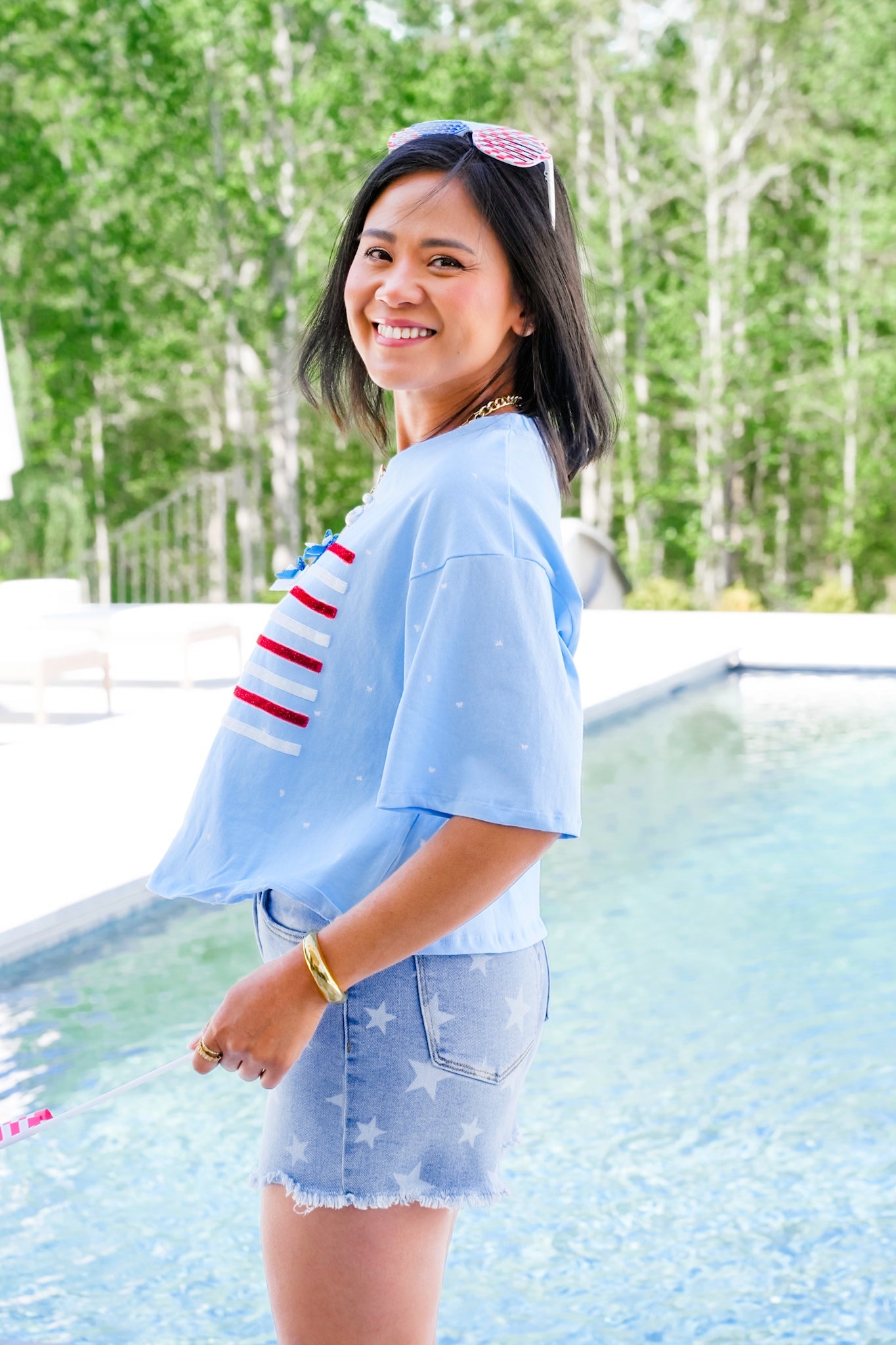 Short Sleeve Ribbon American Flag Top with Bow Detail