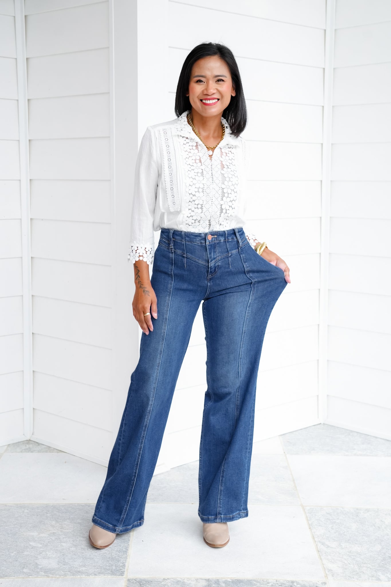 Risen High Rise Dark Wash Wide Leg Jeans with Front Yoke Detail