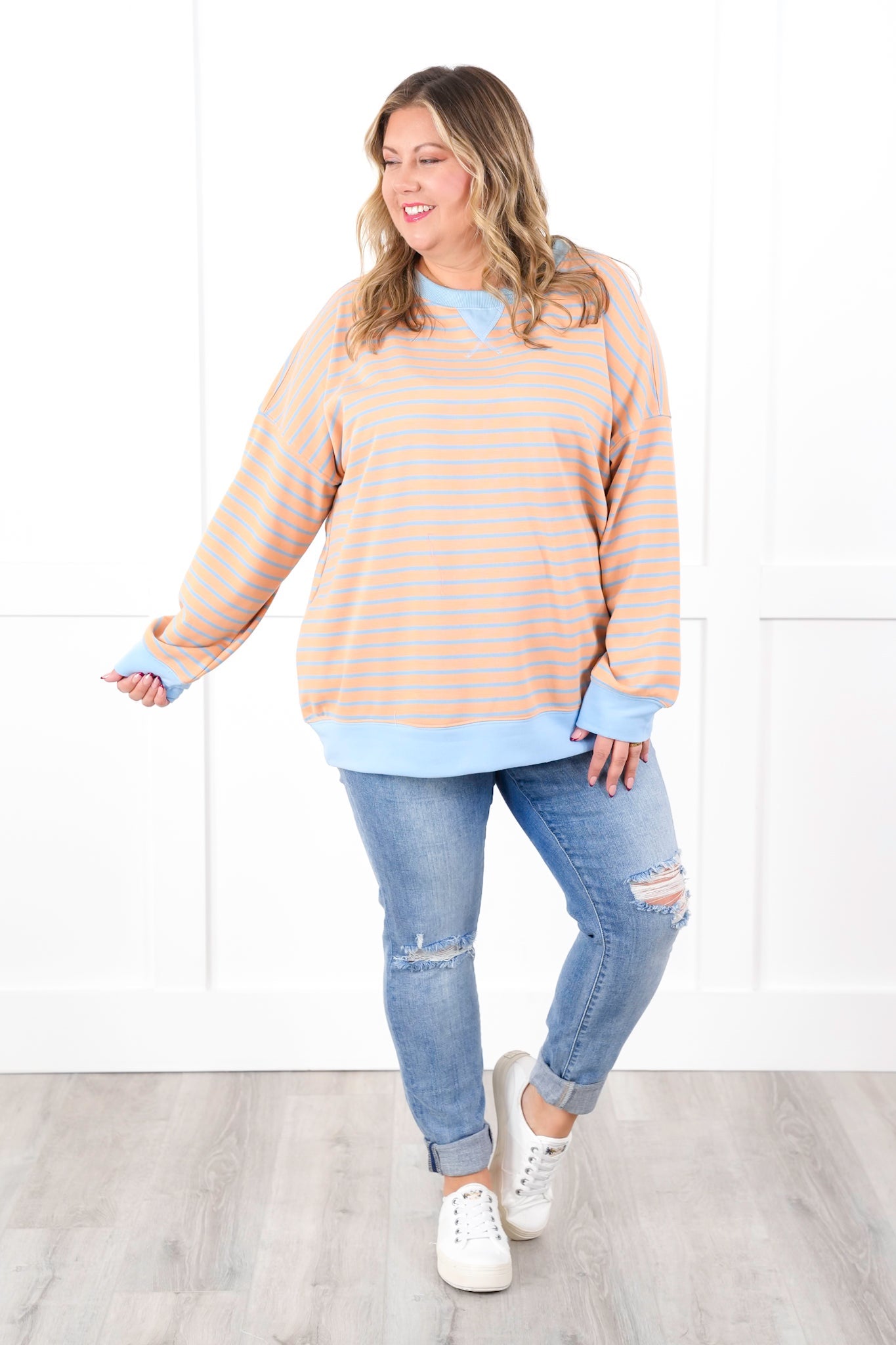 Striped French Terry Long Sleeve Pullover Sweatshirt