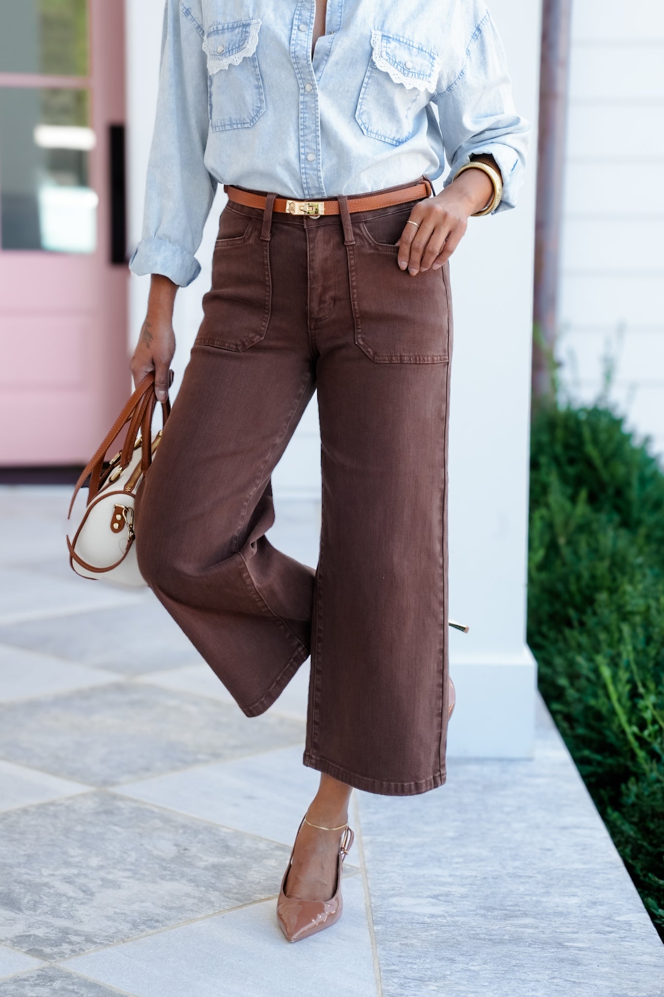 Judy Blue Mid Rise Brown Wide Leg Cropped Jeans with Utility Pockets