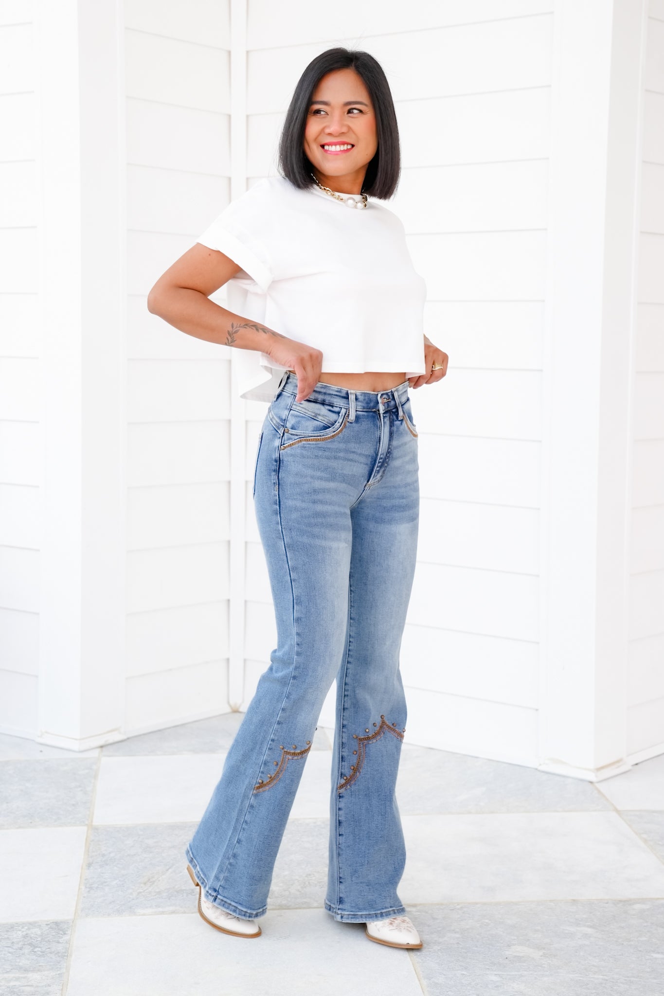 Saige High Rise Medium Wash Tummy Control Flare Jeans With Embroidery