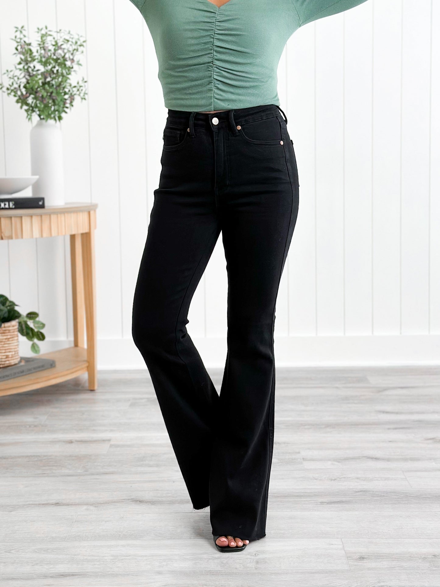 Judy Blue High Rise Black Tummy Control Cut Hem Flare Jeans