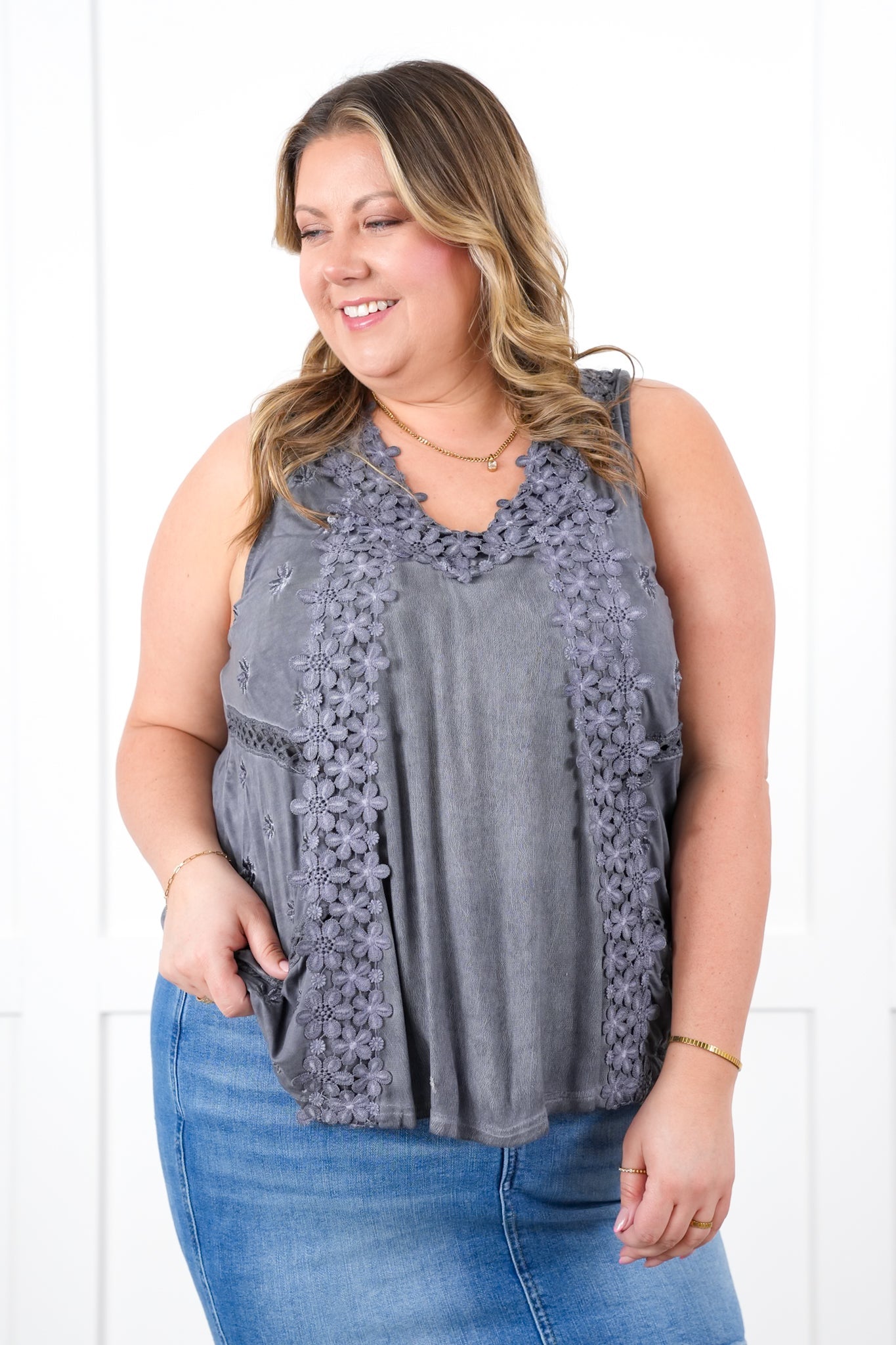 Restocks! POL Sleeveless Tank Top with Floral Embroidery Detail