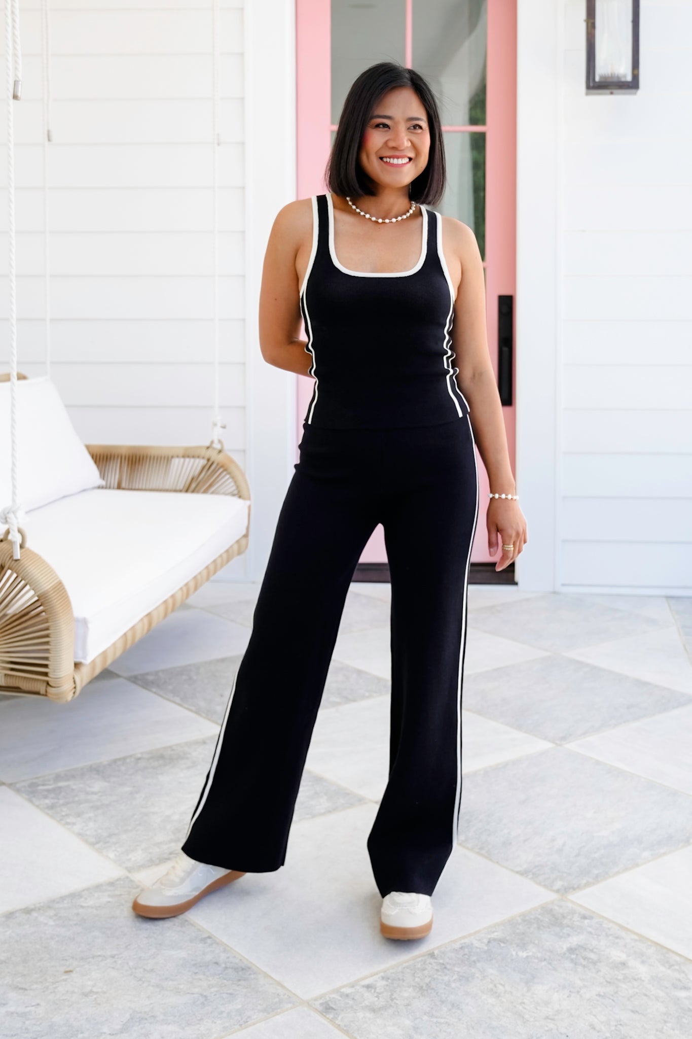 Black Elastic Waist Sweater Pants with Stripe Detail