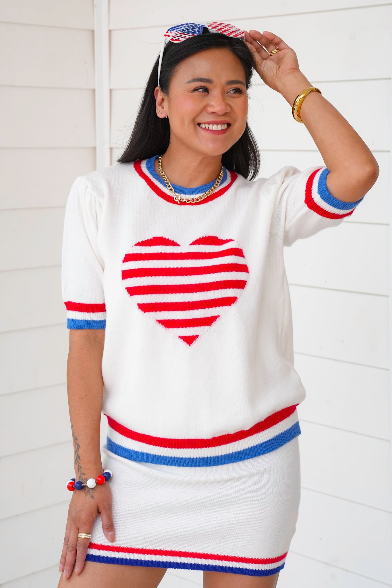 Restock! American Flag Stripe Heart Short Sleeve Pullover Sweater