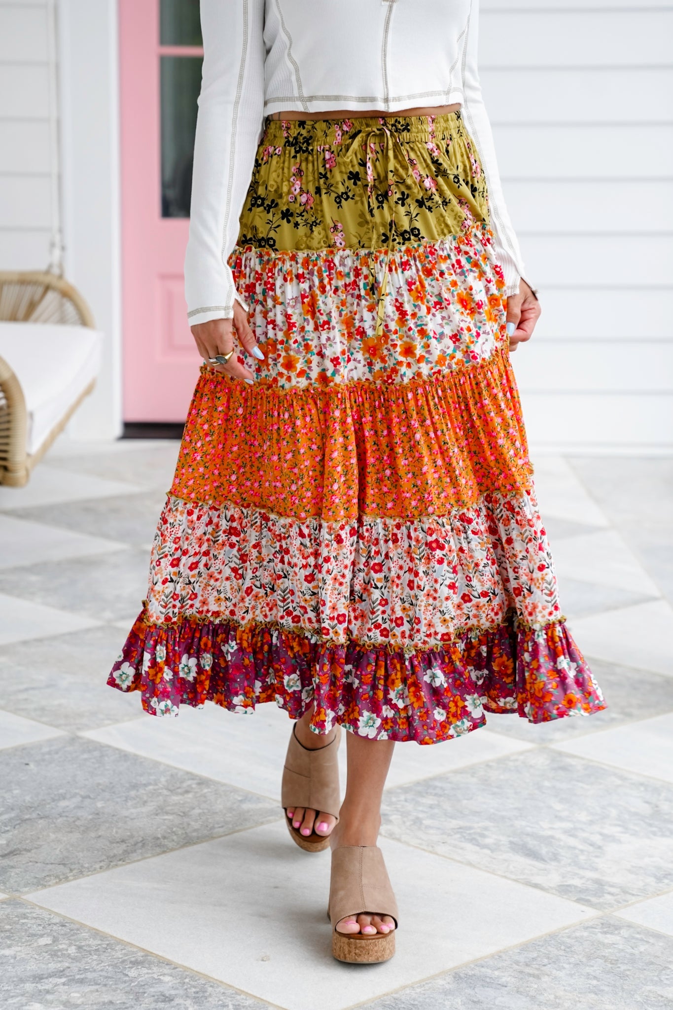 Plus/Reg Mixed Floral Print Elastic Waist Tiered Skirt