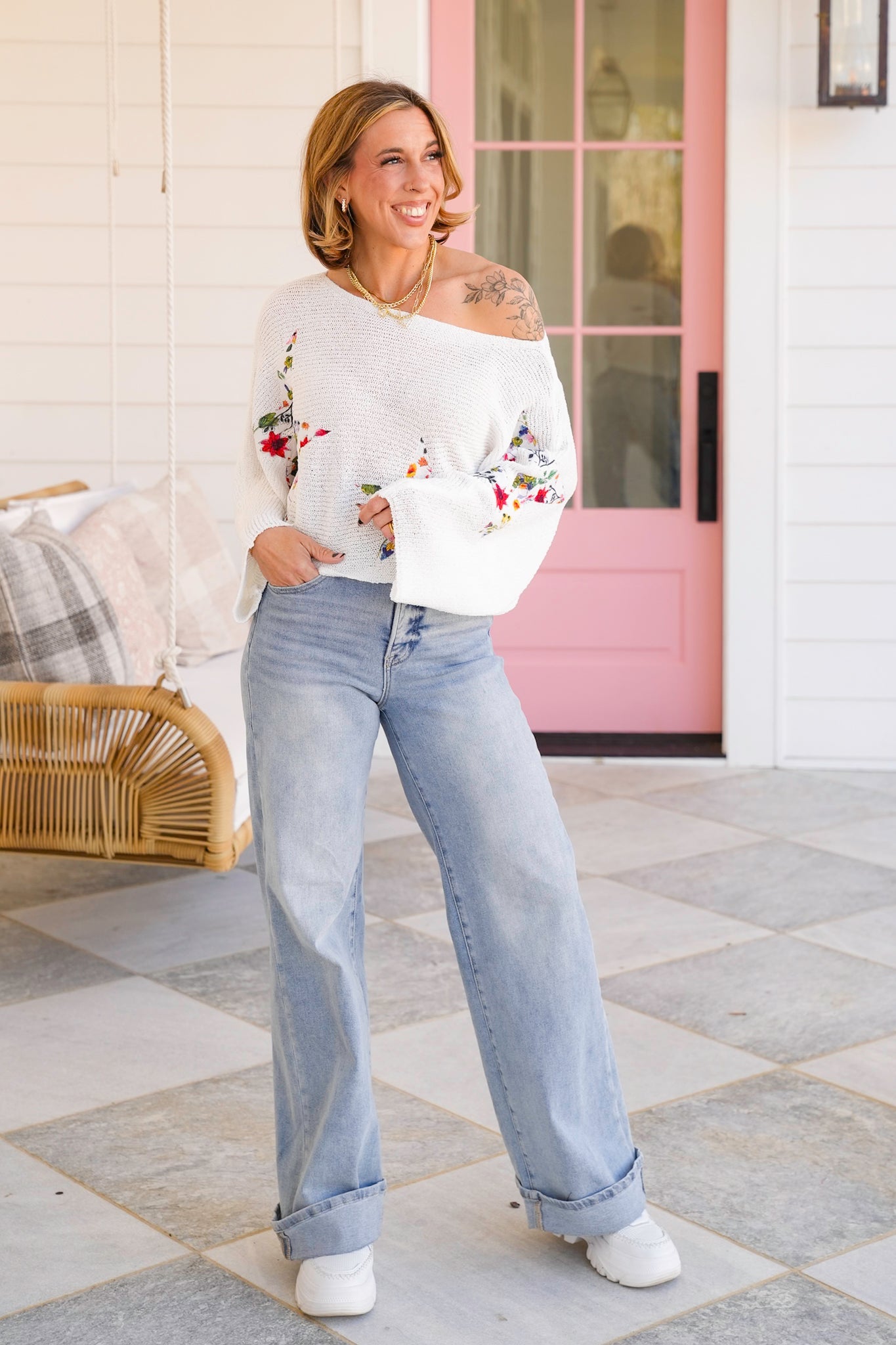 POL Long Dolman Sleeve Cropped Sweater with Floral Star Patch Detail