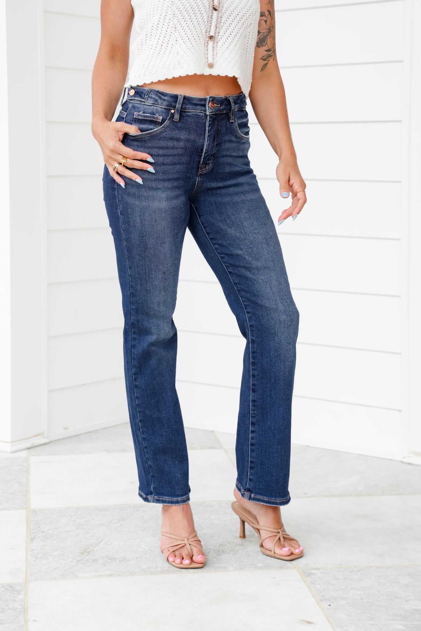 Risen The One and Only High Rise Dark Wash Tummy Control Straight Leg Jeans with Adjustable Waistband