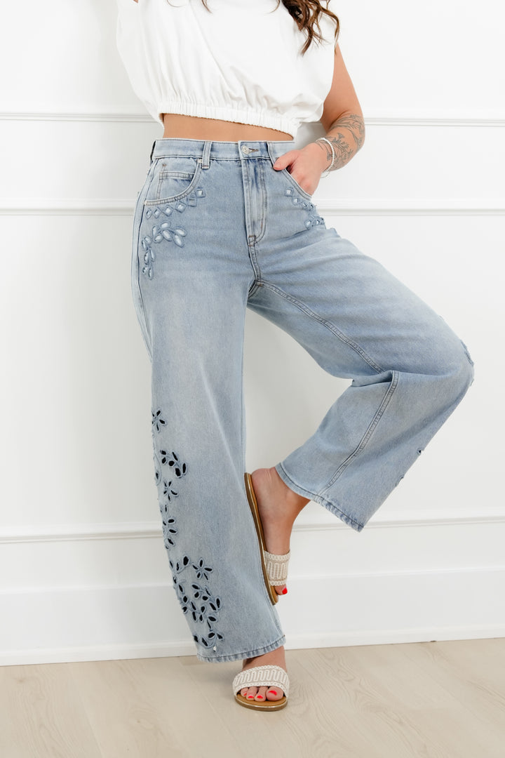 Saige High Rise Light Wash Tummy Control Barrel Jeans with Embroidery