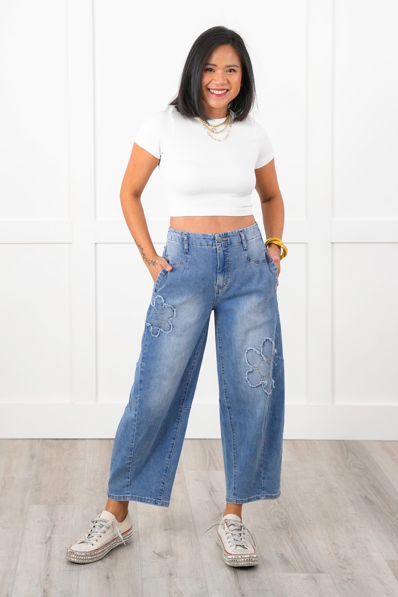 Washed Denim Barrell Jeans with Flower Patch Detail