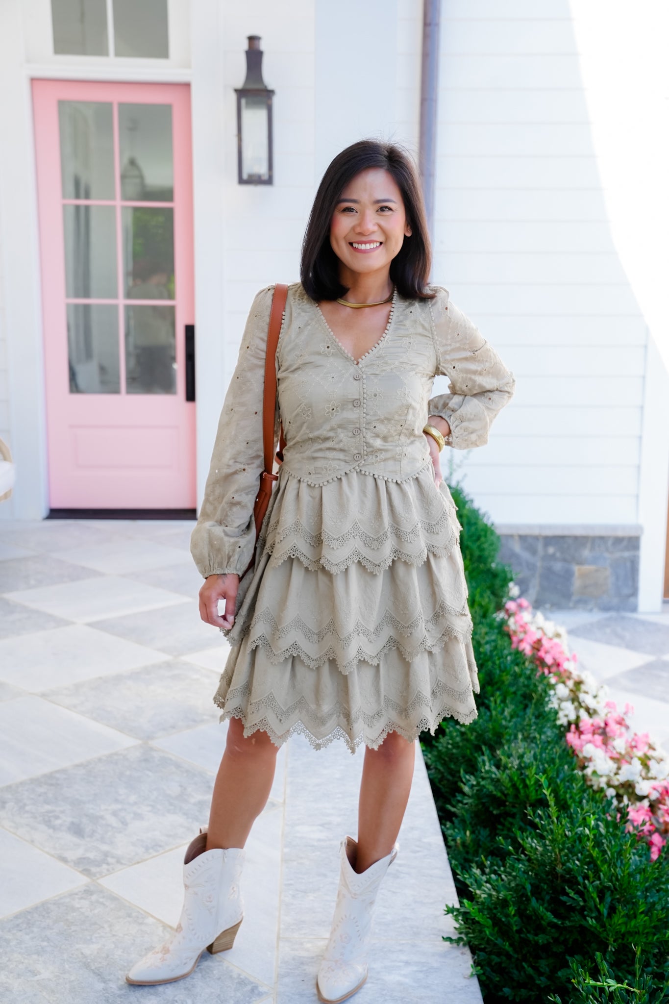 Embroidered Lace Long Sleeve Tiered Dress