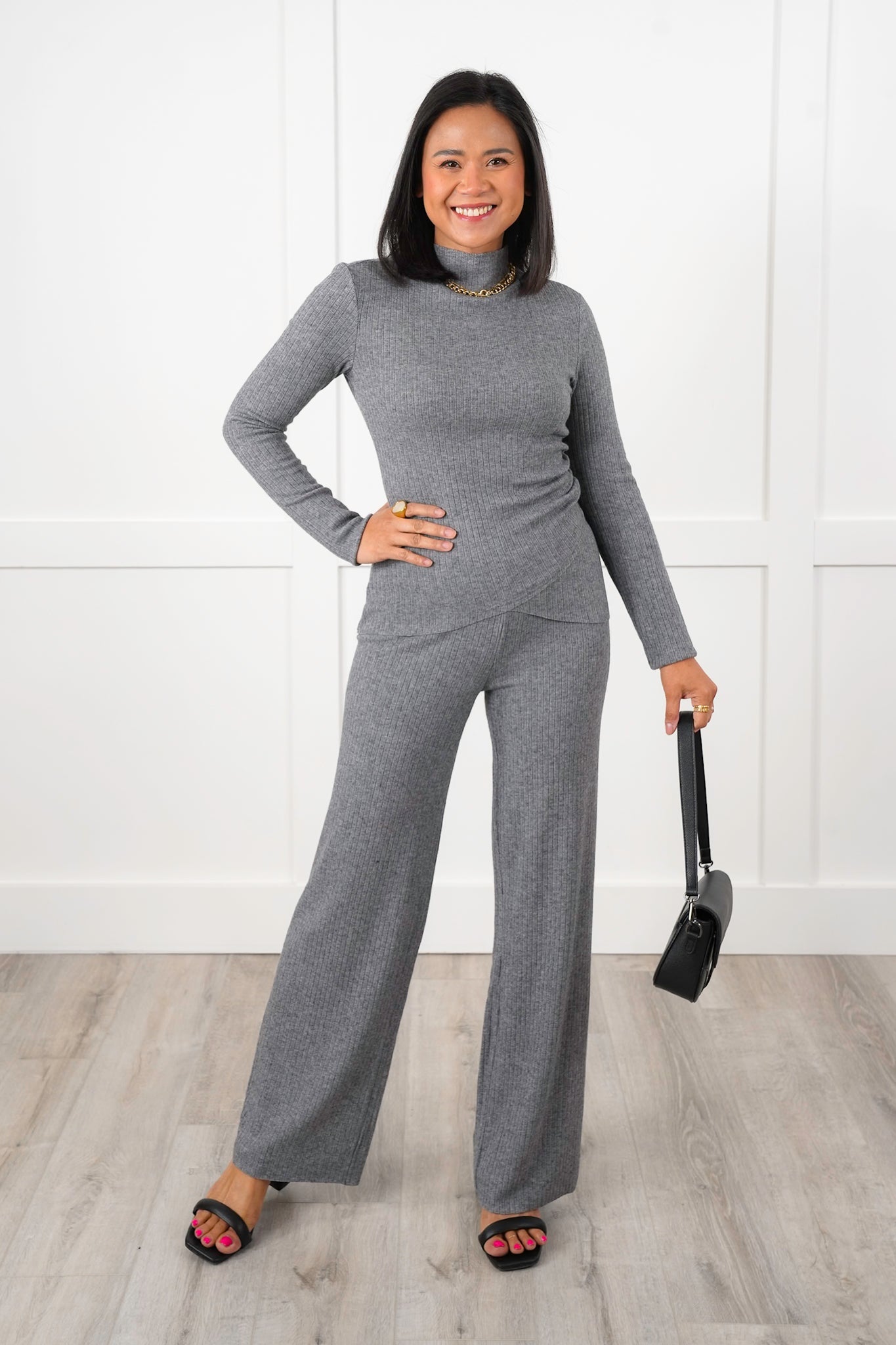 Ribbed Knit Long Sleeve Top and Wide Leg Pants Set