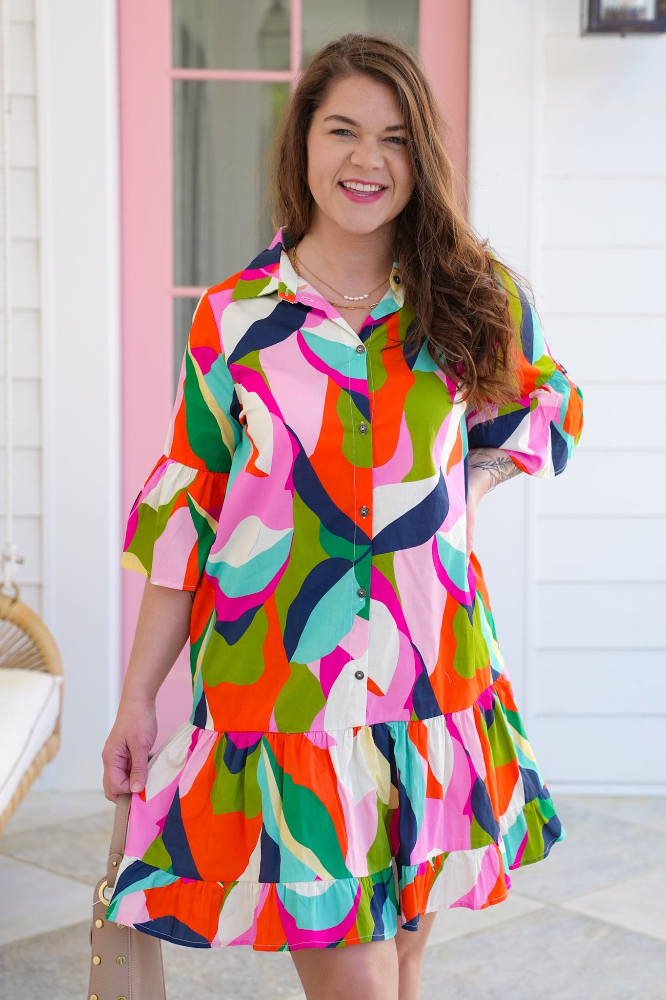 Plus/Reg Abstract Print Half Bell Sleeve Button Up Dress
