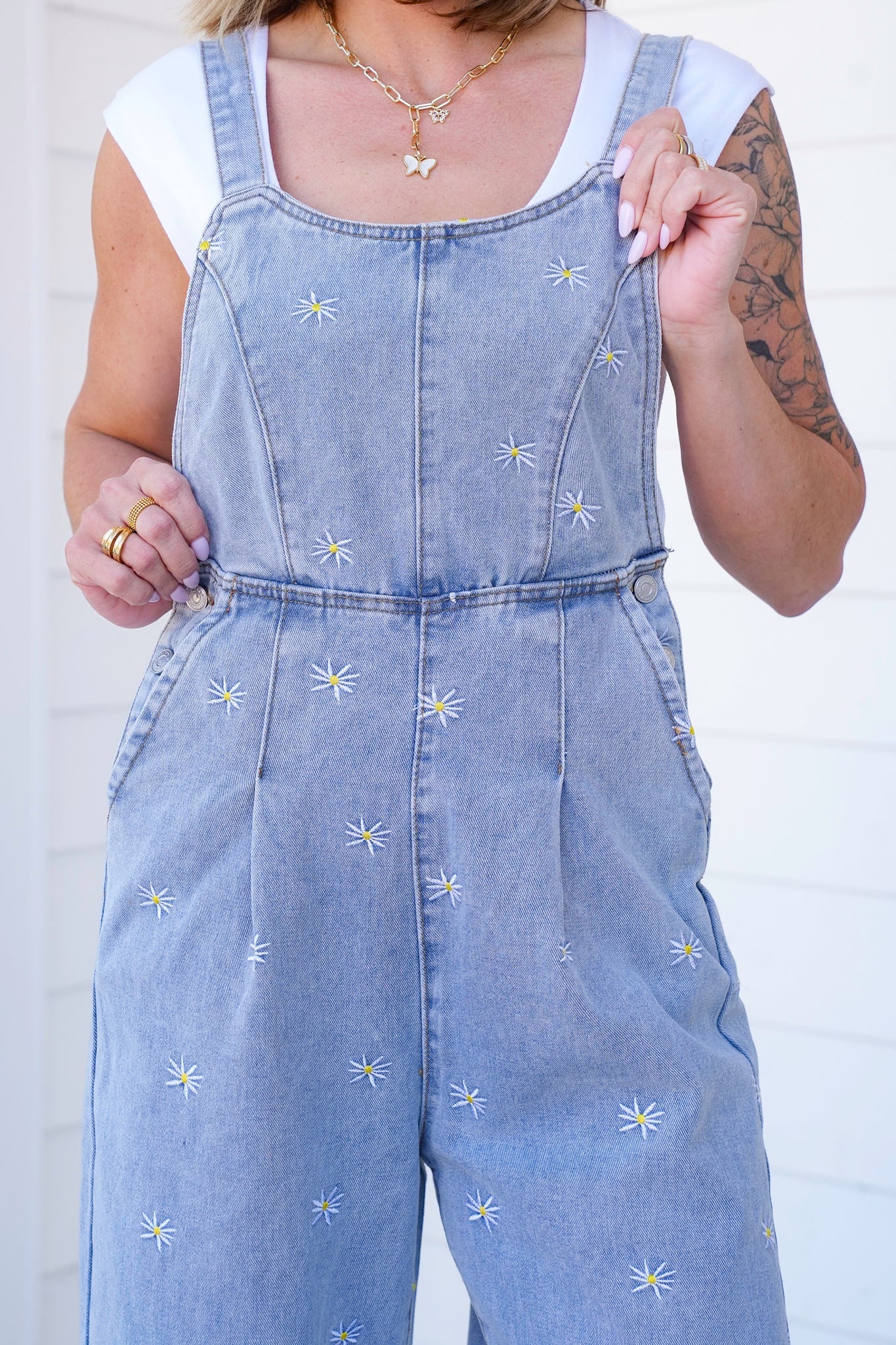 Plus/Reg Denim Overalls with Daisy Embroidered Detail