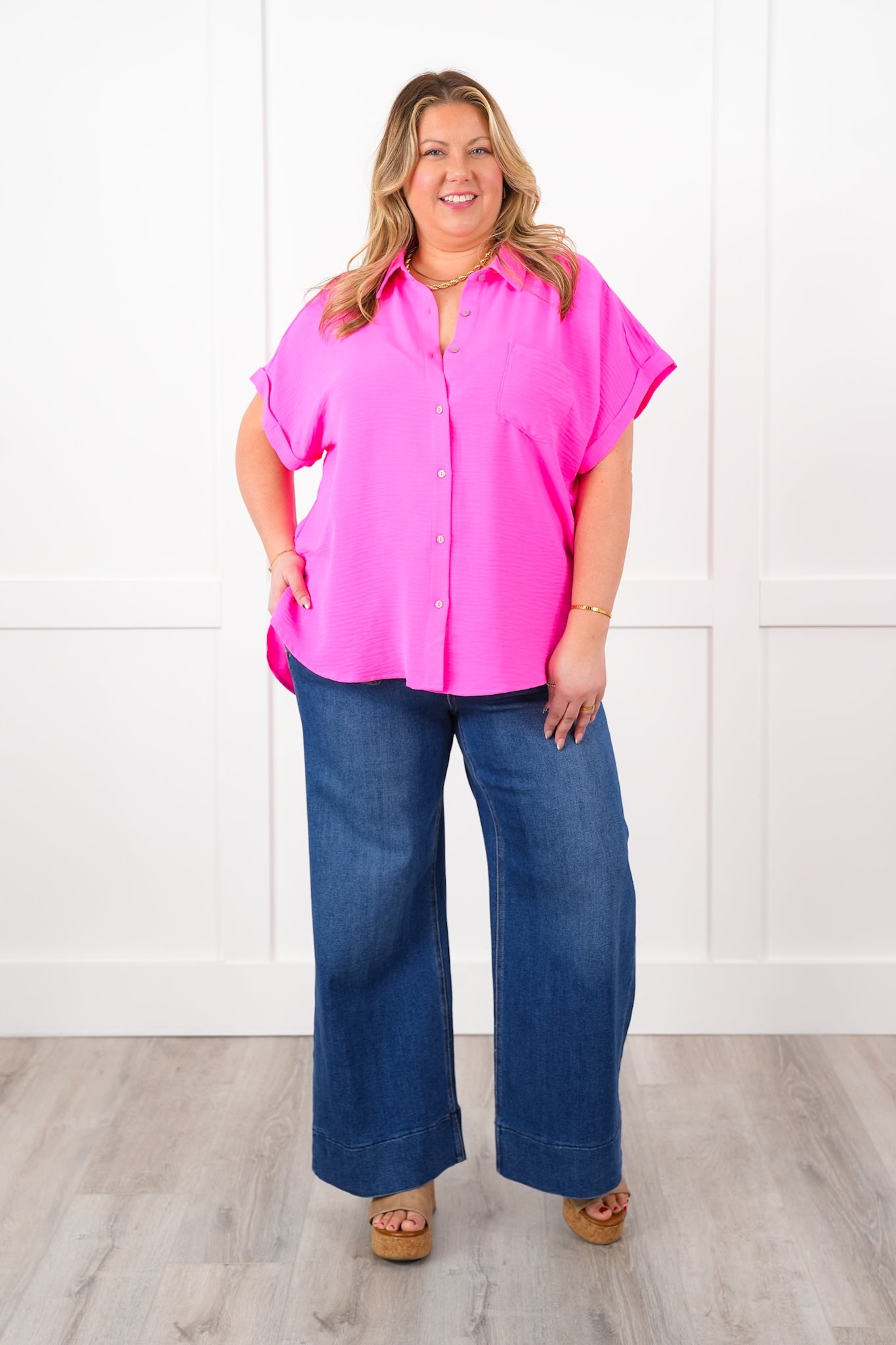 Door Buster! Zenana Plus/Reg Woven Button Down Shirt