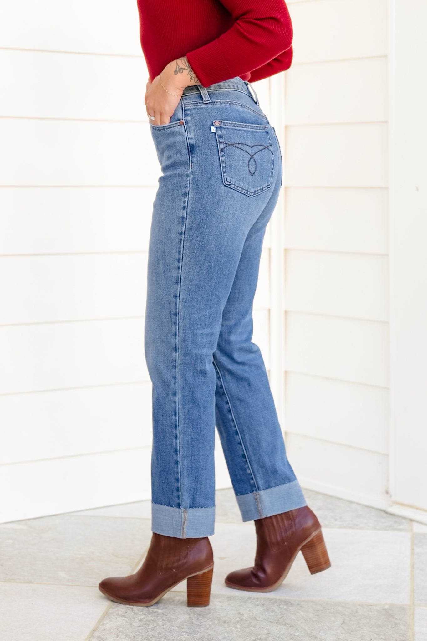 Judy Blue High Rise Medium Wash Distressed Criss-Cross Cuffed Boyfriend Jeans
