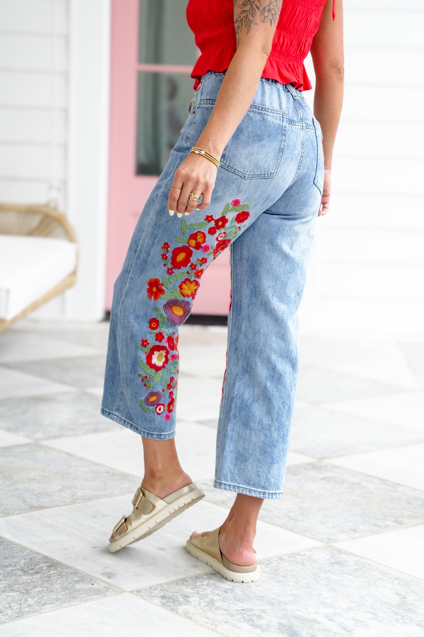 Restock! Wildflower Drive Mineral Wash Relaxed Fit Denim Jeans with Floral Embroidery Detail