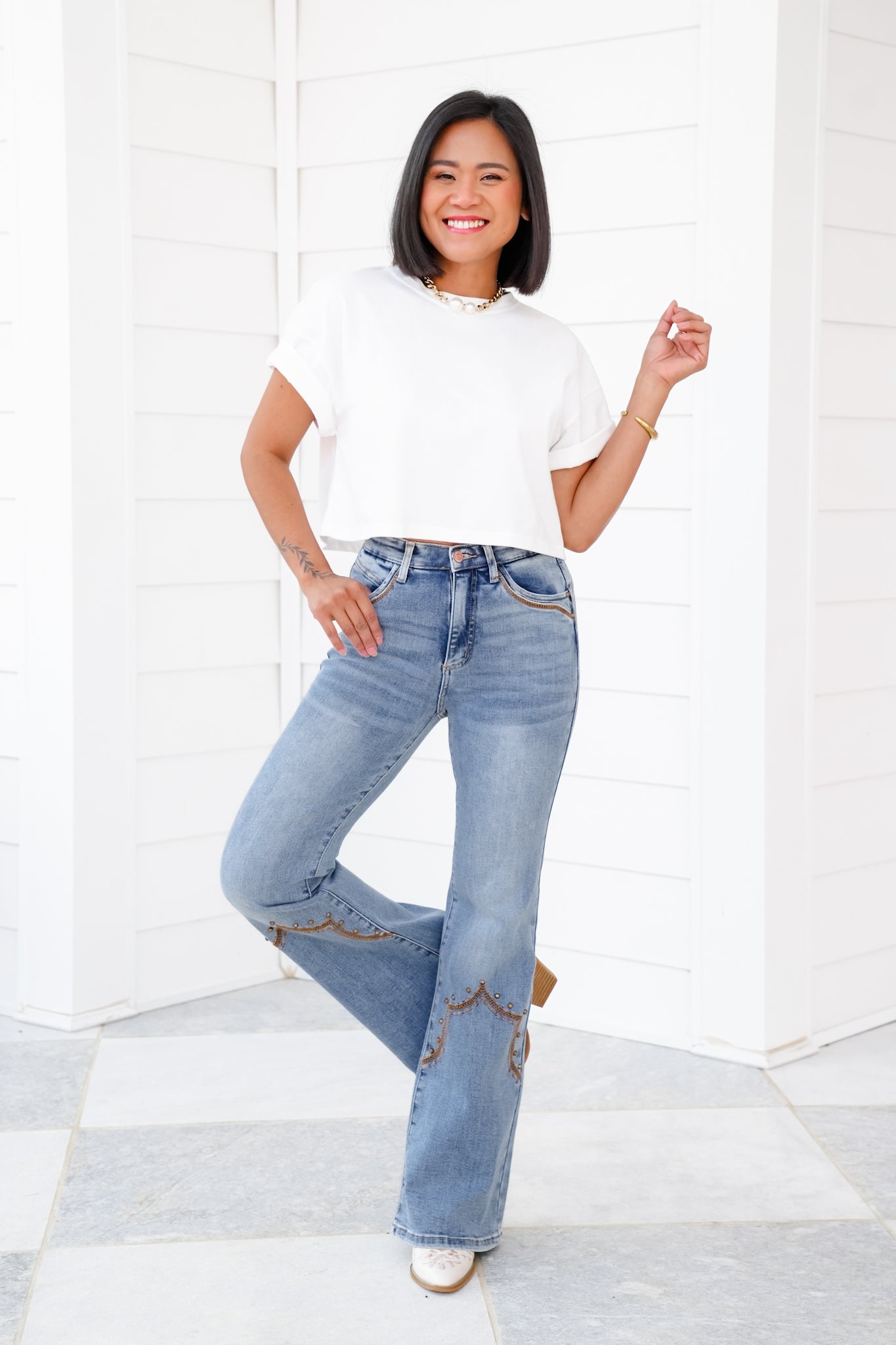 Saige High Rise Medium Wash Tummy Control Flare Jeans With Embroidery