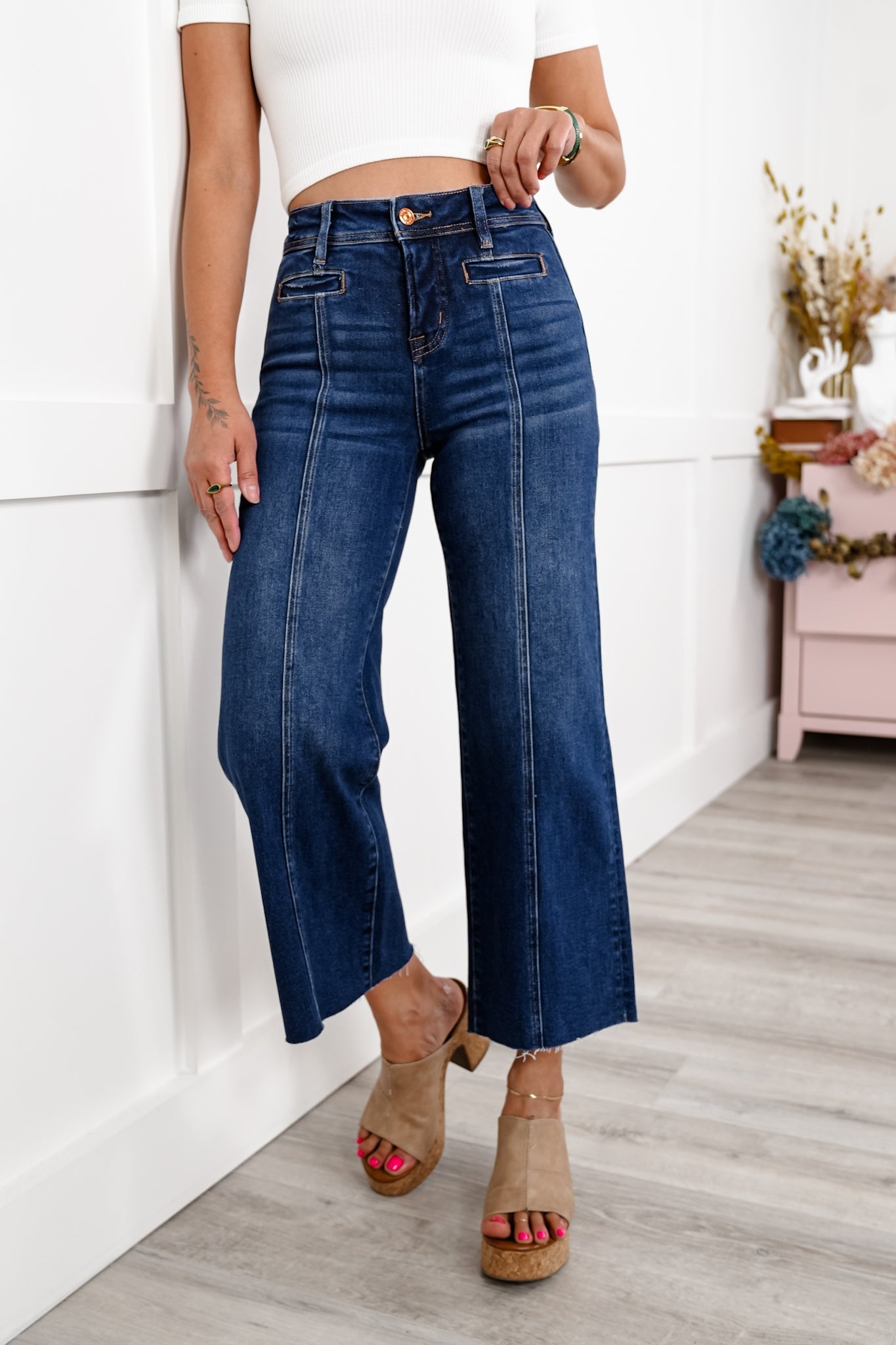Bayeas High Rise Dark Wash Wide Leg Jeans with Raw Hem