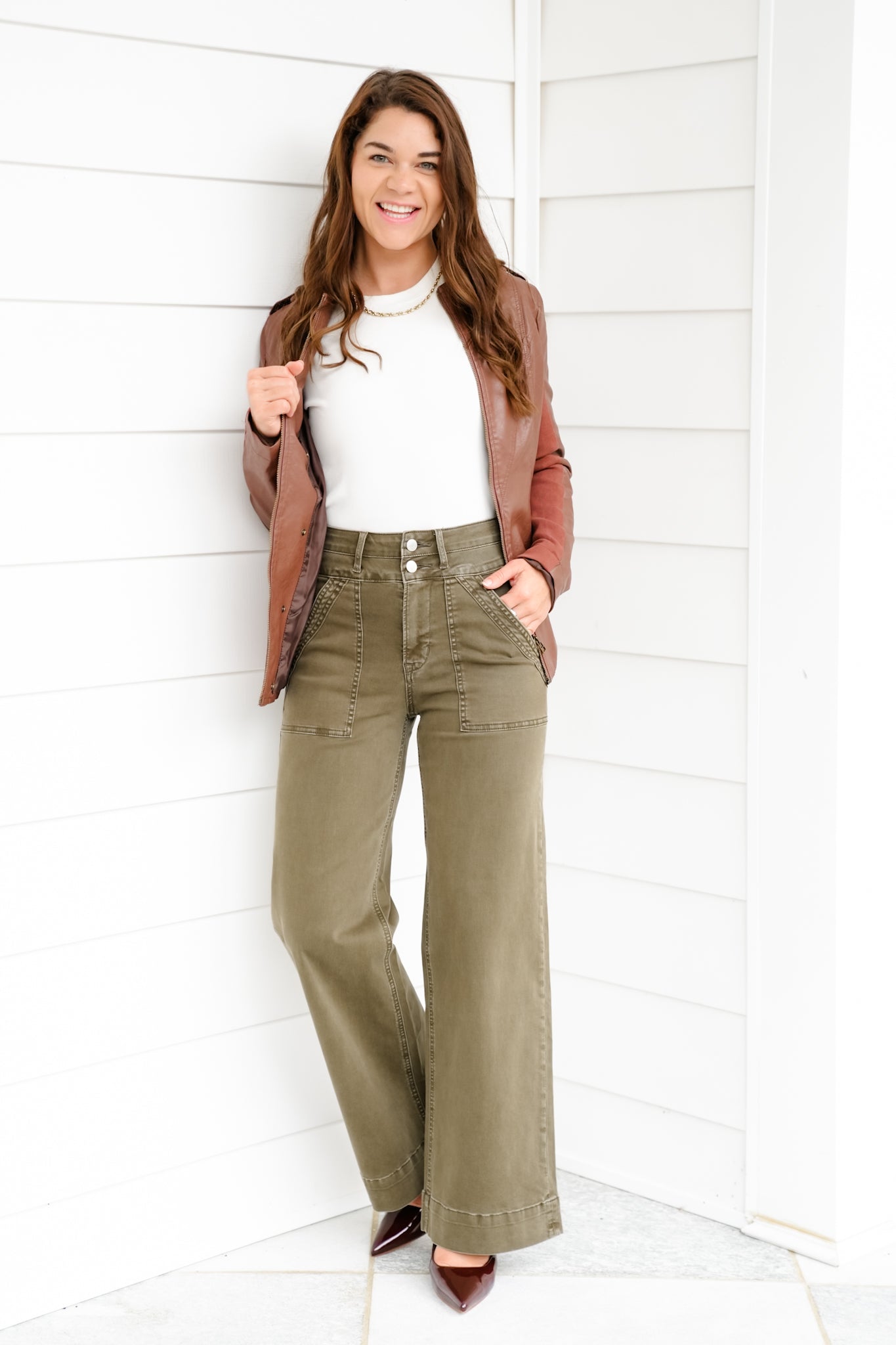 Mica High Rise Green Double Waistband Wide Leg Jeans