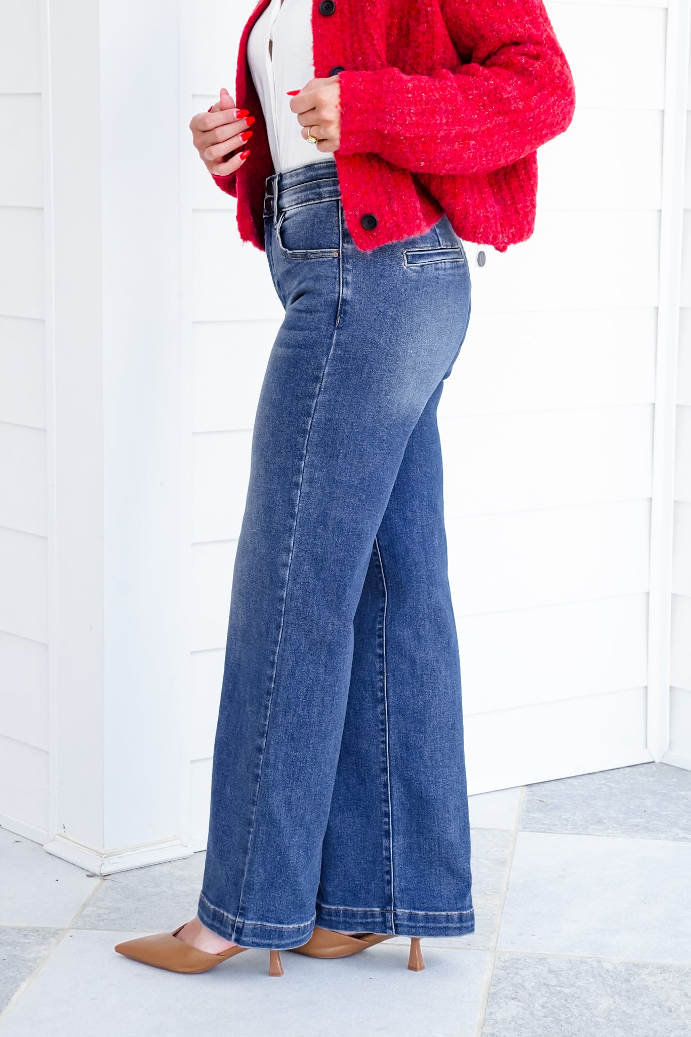 Restock! Risen Material Girl High Rise Medium Wash Tummy Control Double Button Elastic Waistband Jeans