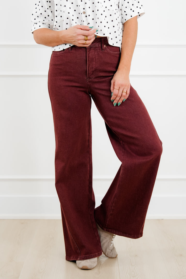 Judy Blue High Rise Burgundy Retro Wide Leg Jeans with Twisted Seams