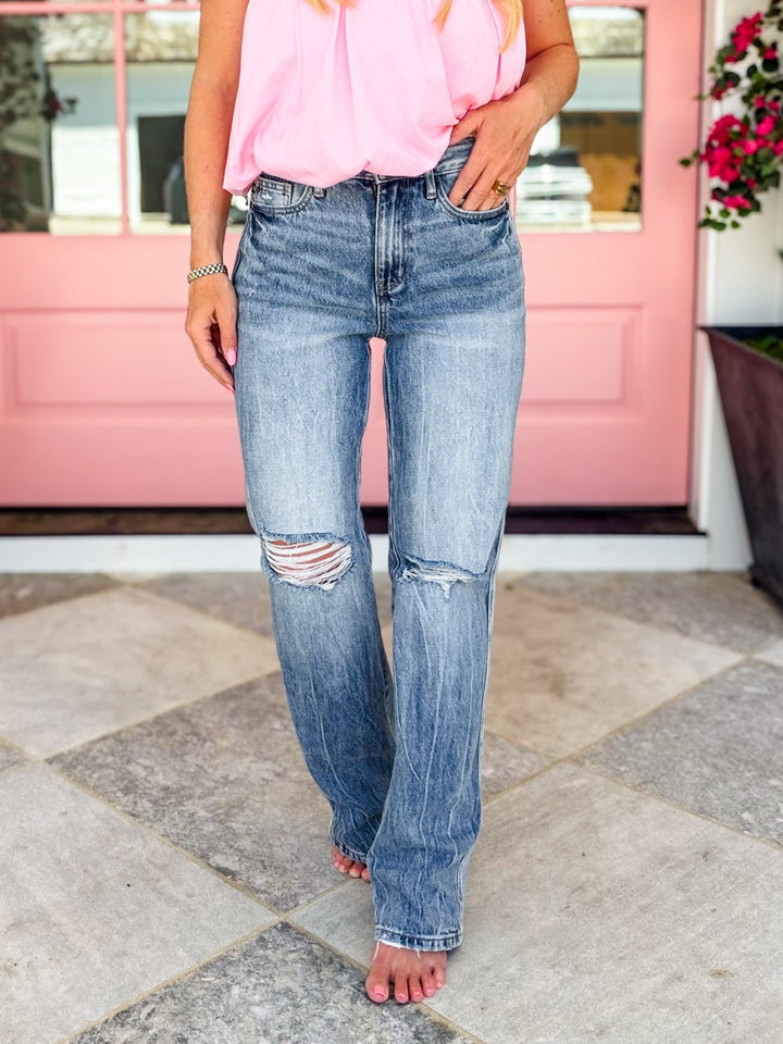 Judy Blue the North Shore High Rise Medium Wash Rigid Magic Slim Straight Leg Jeans - Freckled Poppy