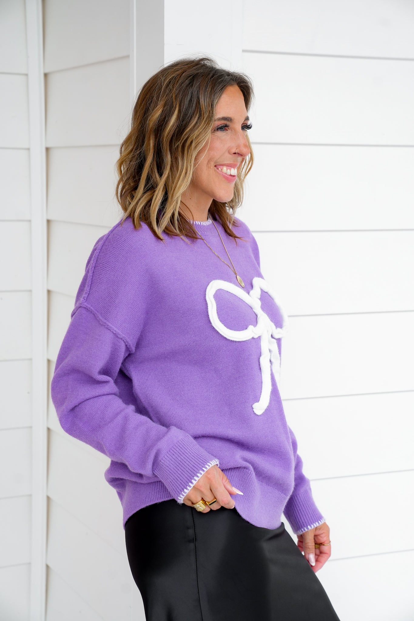 Knit Long Sleeve Crew Neck Sweater with Bow Detail
