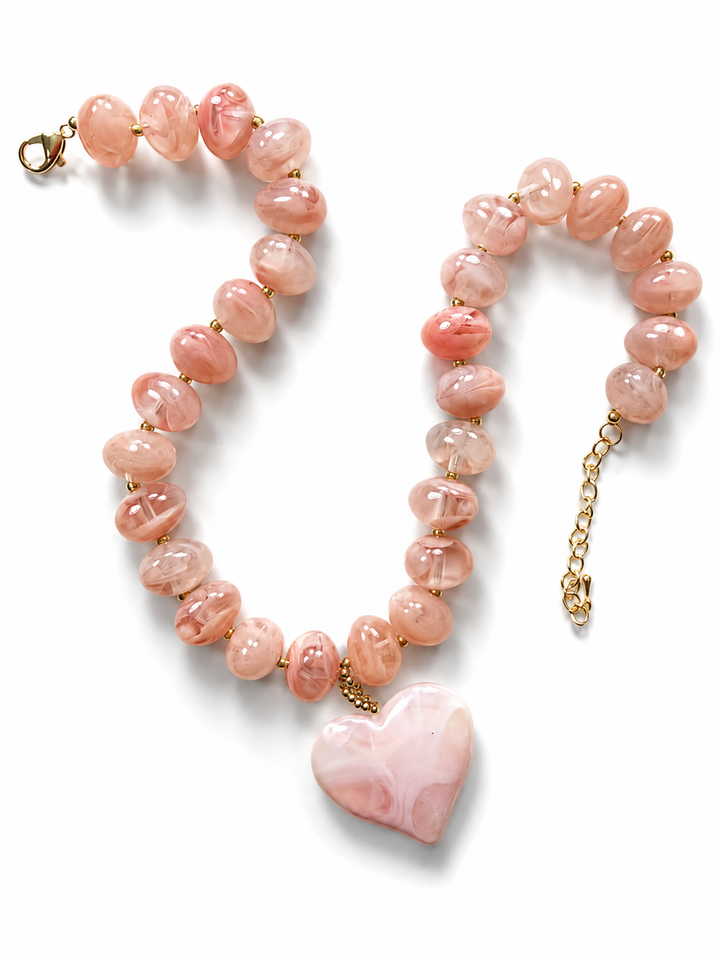 Blush Beaded Necklace With Large Heart Charm
