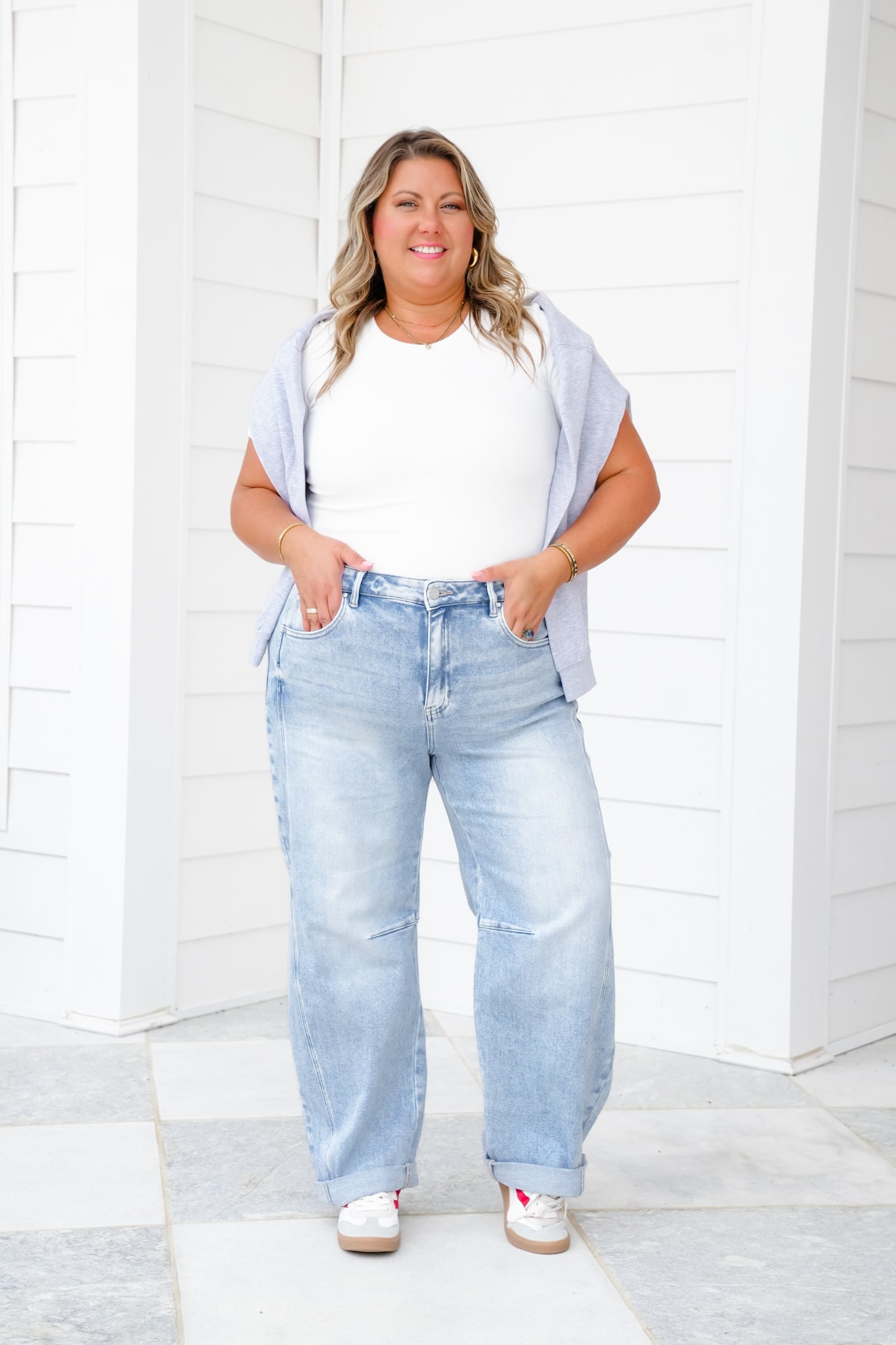 Risen High Rise Light Wash Boyfriend Cuffed Barrel Jeans