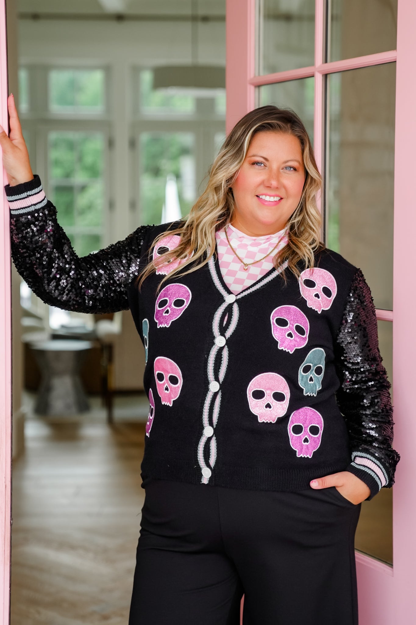 Plus/Reg Glitter Skulls Cardigan with Sequins