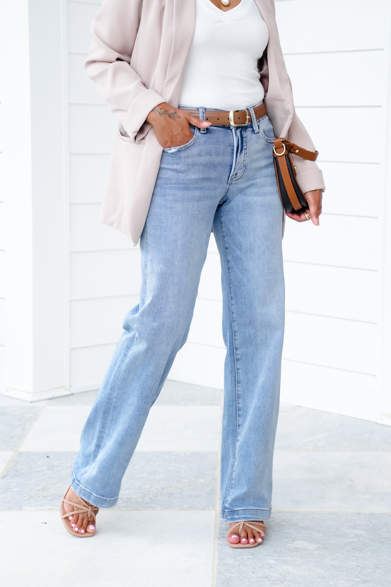 Risen Mid Rise Light Wash Tummy Control Elastic Waistband Wide Leg Jeans
