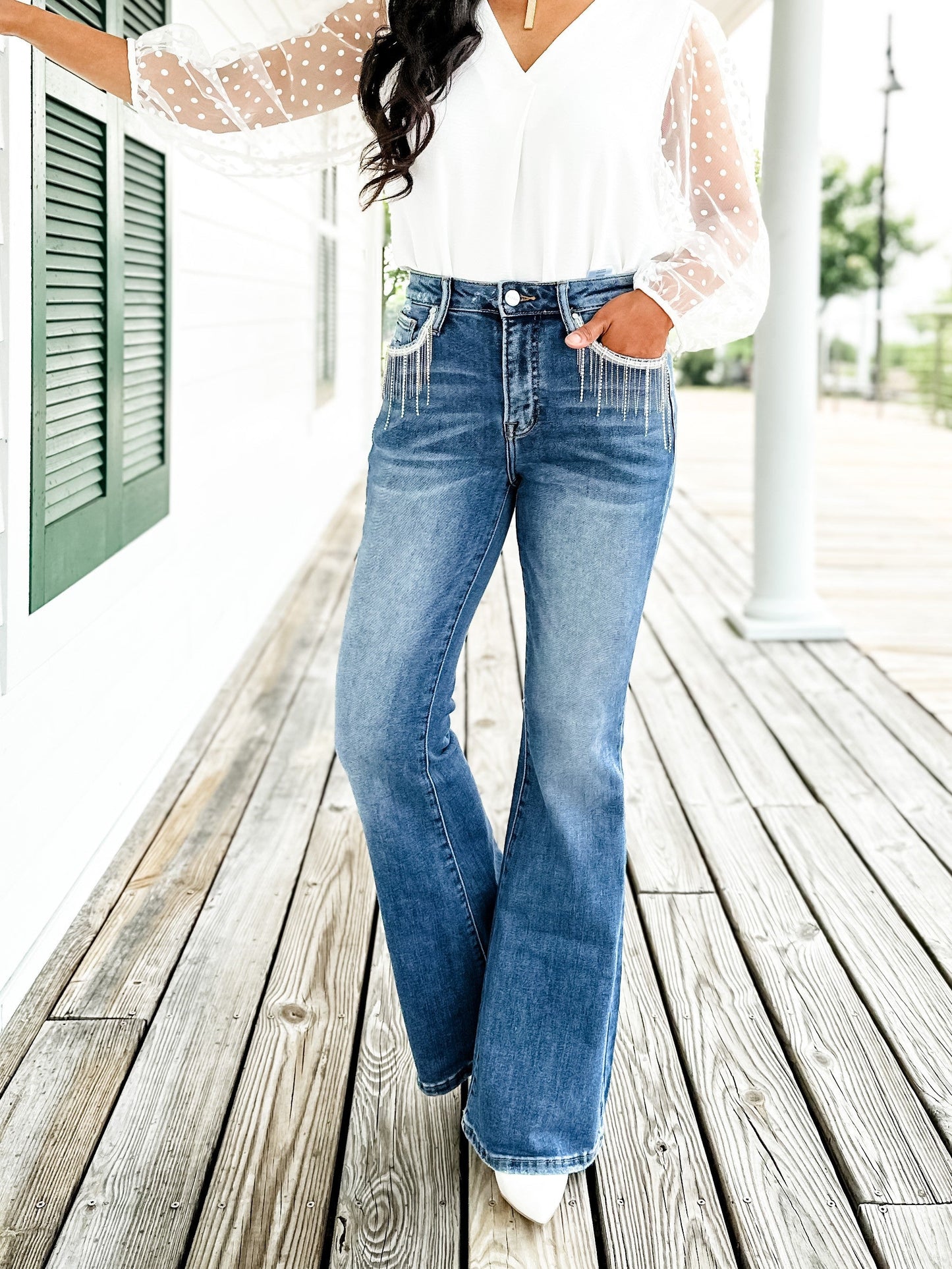 Risen Dark Wash Embellished Wide Flare Jean