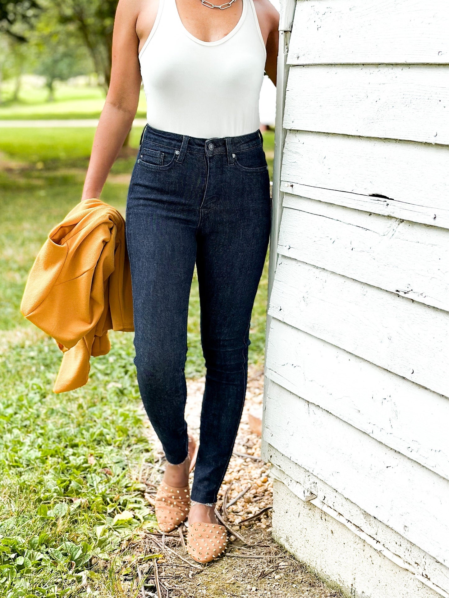 Judy Blue Starry Night High Rise Dark Wash Tummy Control Top Raw Hem Jeans