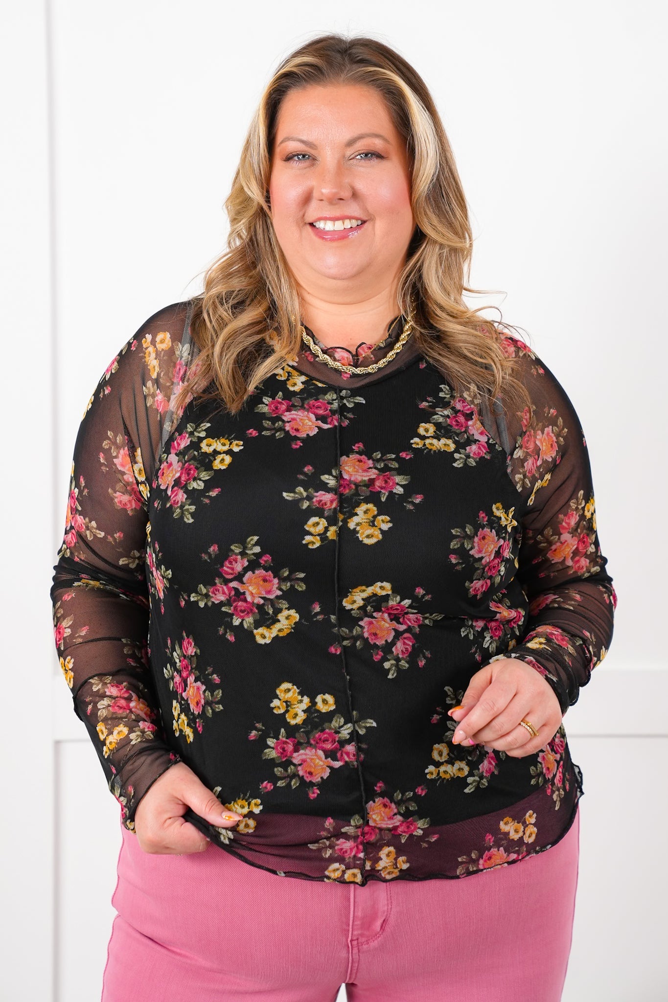 Plus/Reg Floral Long Sleeve Mock Neck Mesh Top