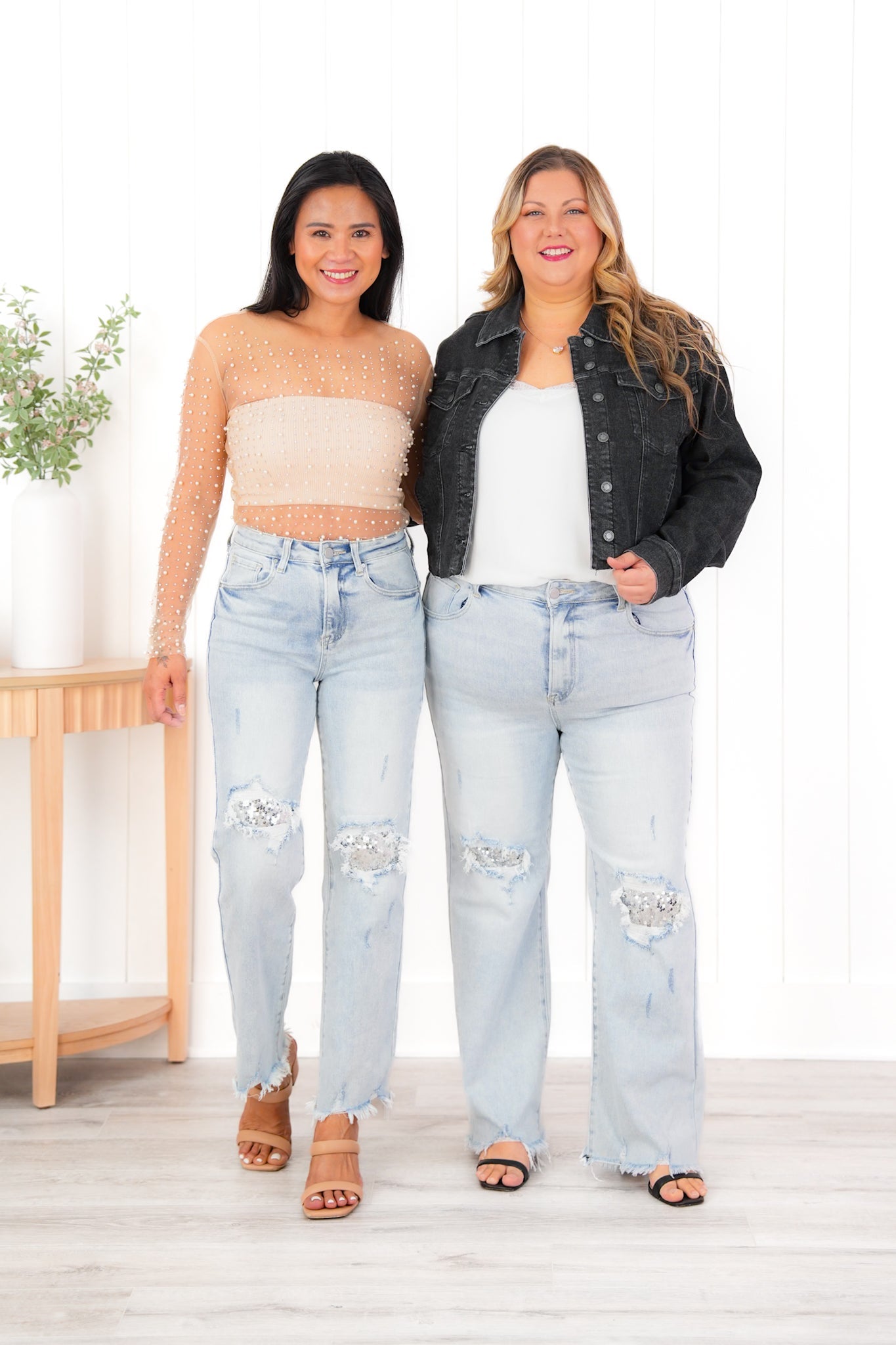 Risen High Rise Acid Wash Sequin Knee Patches Relaxed Straight Leg Jeans