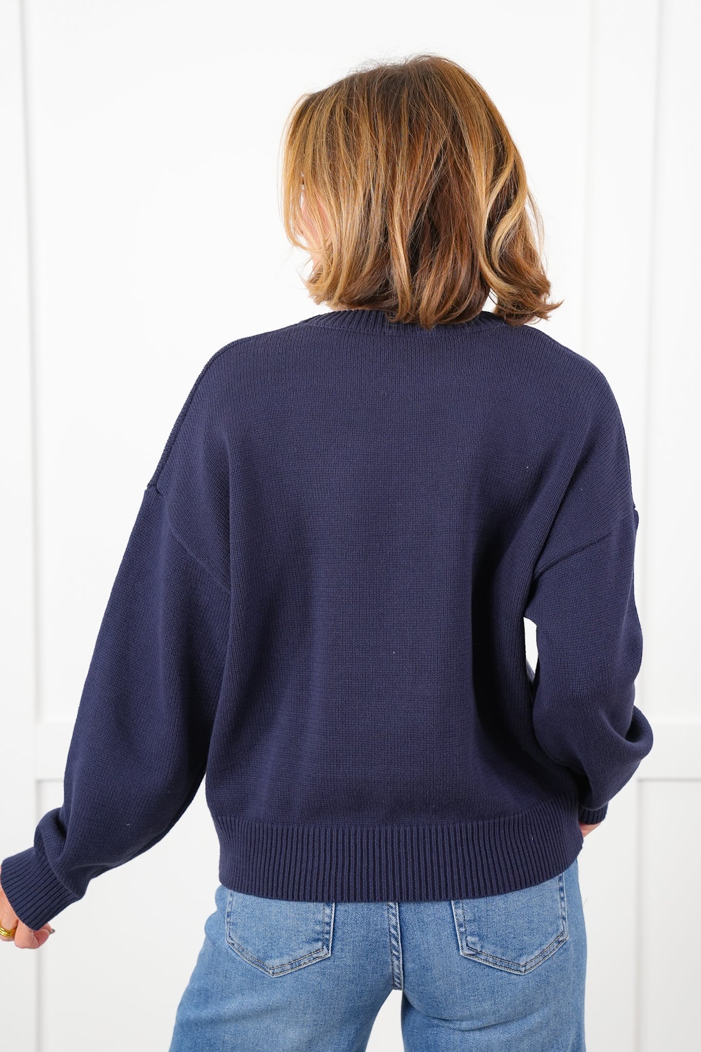 Long Sleeve Crew Neck Sweater with Teddy Bear Detail